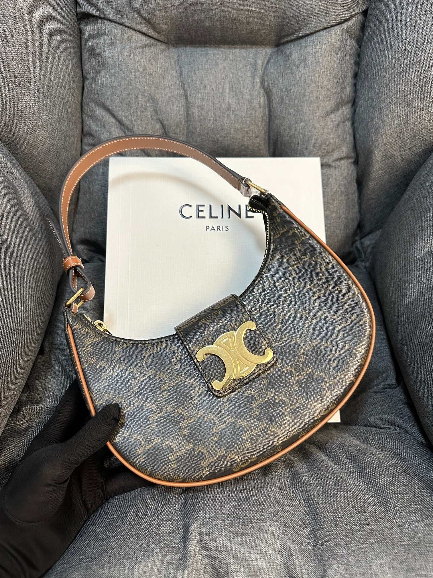 Celine Monogram Signature Print Leather Triomphe Magnetic Gold Buckle Zip Moon Hobo Bag - KAIROO