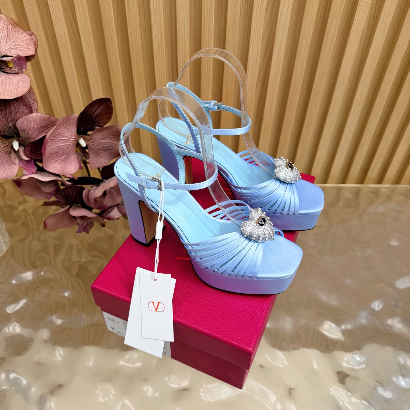 Valentino Garavani Sky Blue VLogo Crystal Brooch Satin Multi Straps Platform Square Toe Chunky Heel Sandals - KAIROO