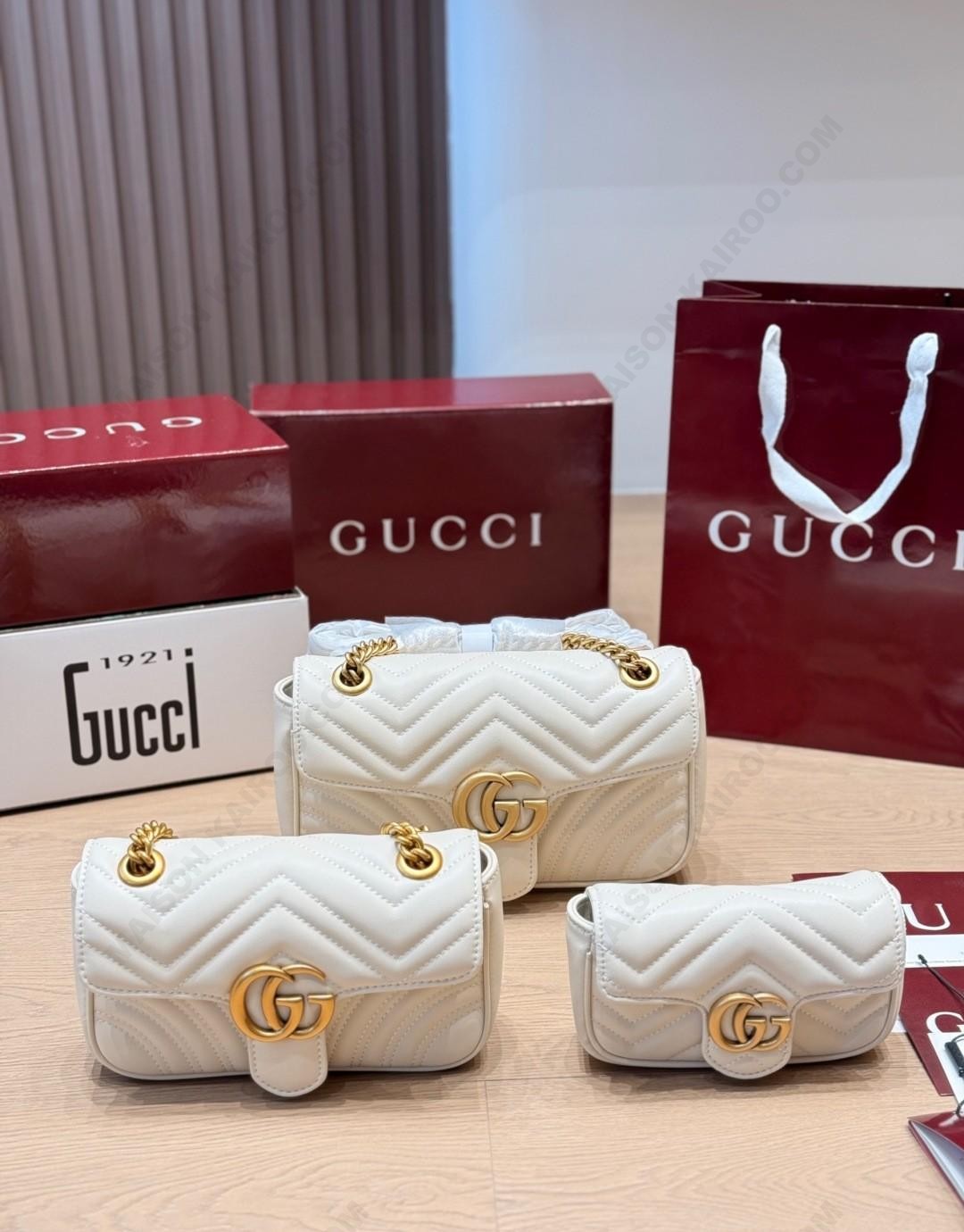 Gucci GG Marmont Matelasse Quilt Stitch XXS/XS/S Off White Chevron Leather Flap Chain Shoulder Bag - KAIROO