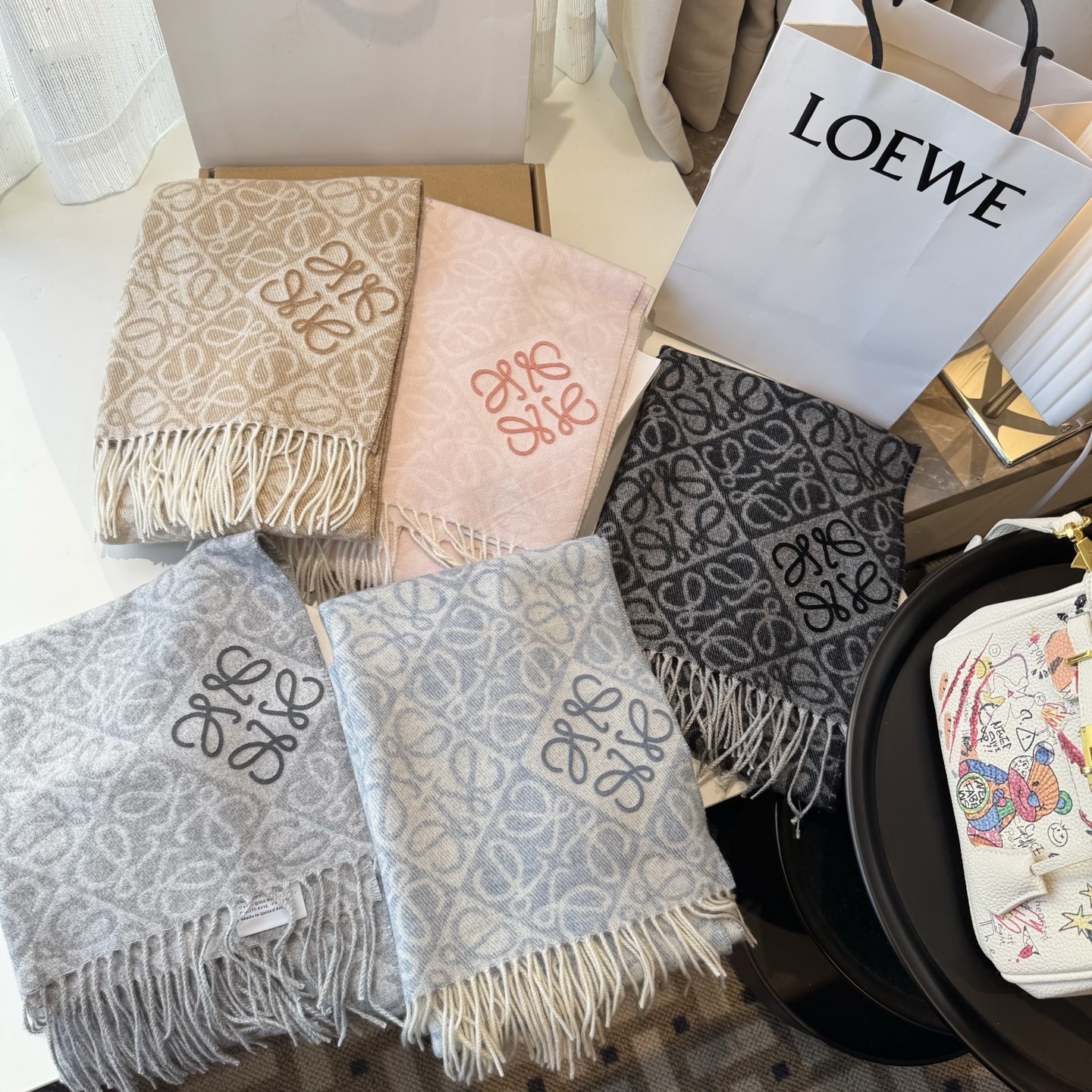 Loewe Cashmere and Wool Blend All-over Anagram Jacquard Fringed Scarf - KAIROO