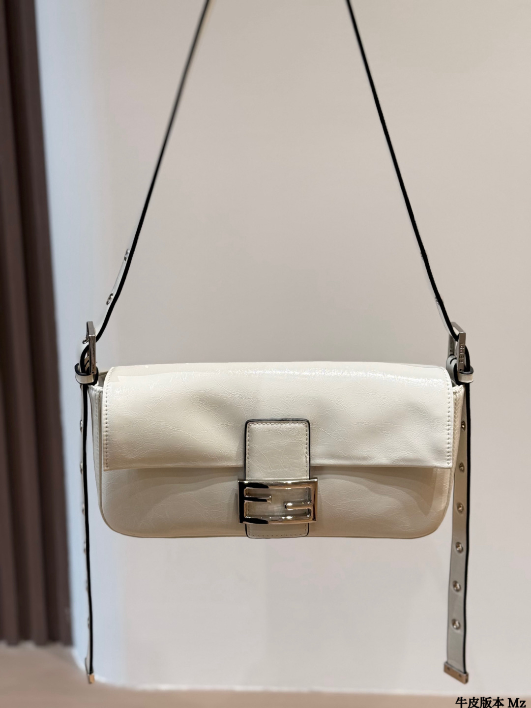 Fendi Cream White Wax Leather Baguette Silver FF Buckle Adjustable Strap - KAIROO