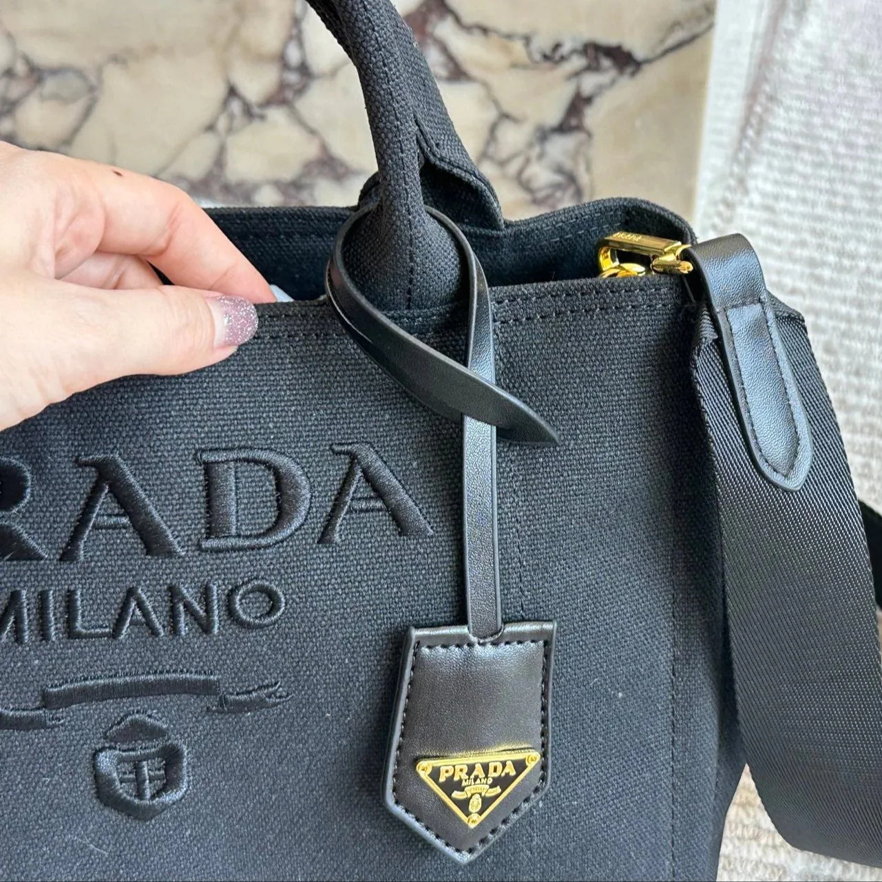 Prada EMBROIDED LOGO LARGE HANDBAG 30 IN BLACK LINEN BLEND