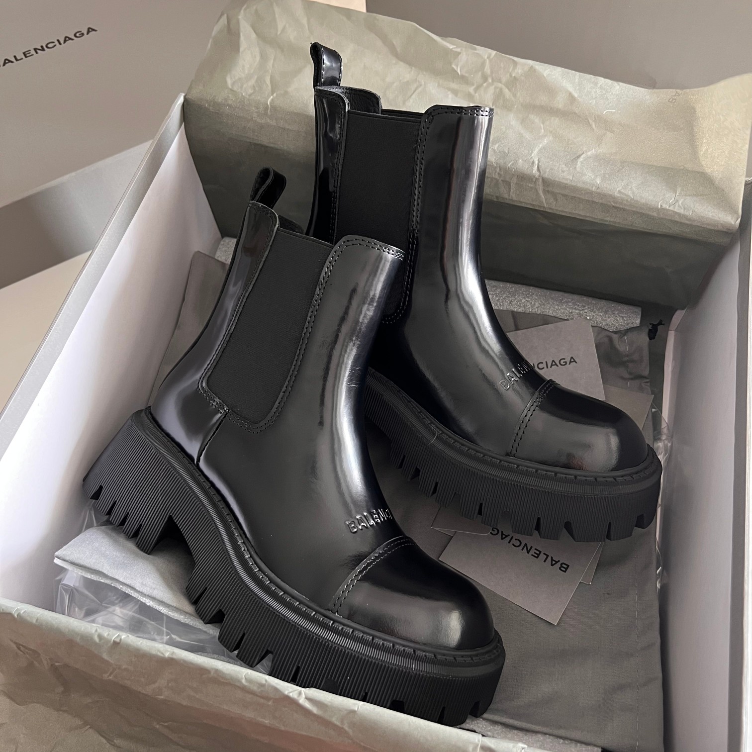 Balenciaga Tractor Black Spazzolato Leather Embossed Logo Lug Sole Chunky Chelsea Short Boots - KAIROO
