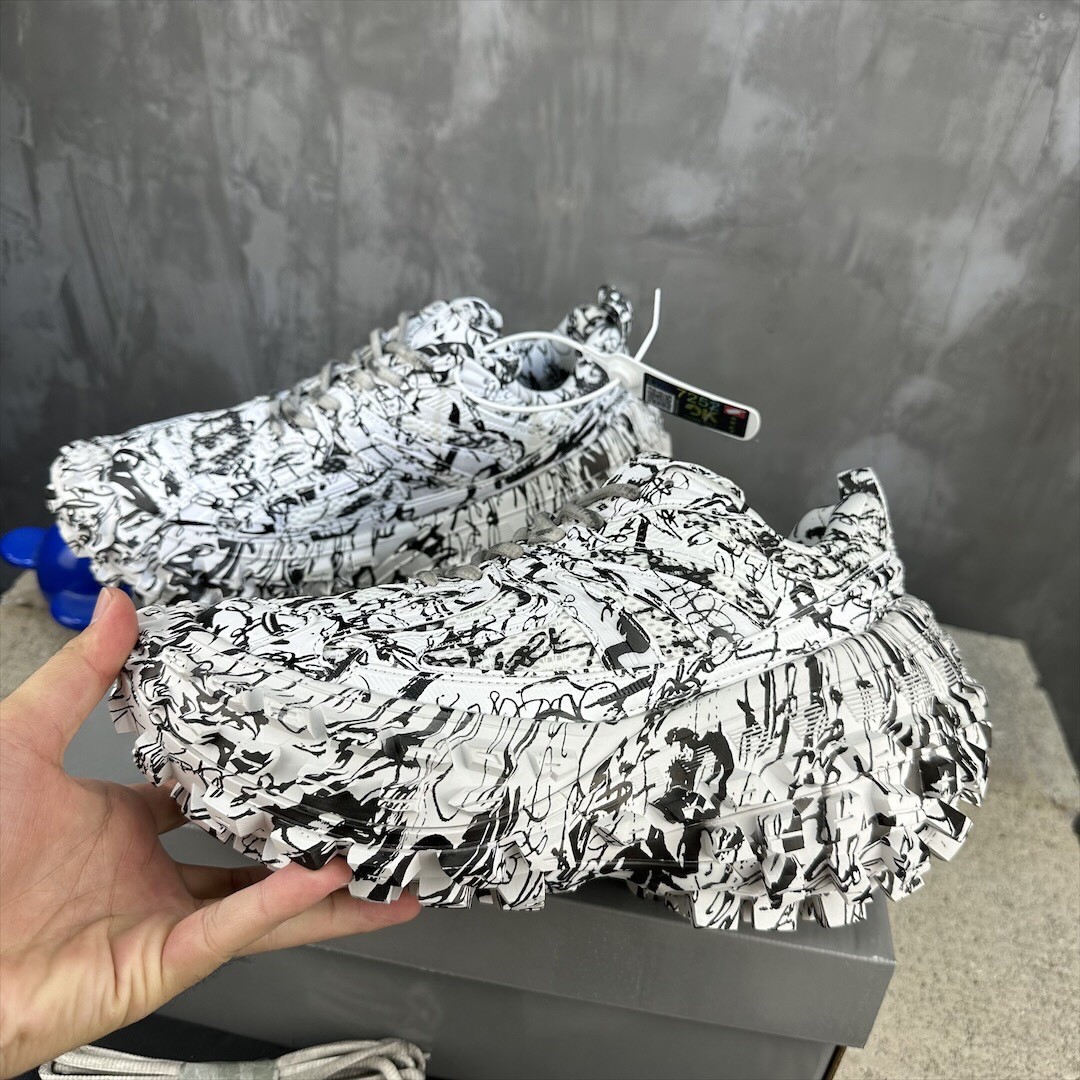 Balenciaga Bouncer Defender White Graffiti Scribble Muddy Mesh Nylon Rounded Chunky Tire Sole Sneakers /10A - KAIROO