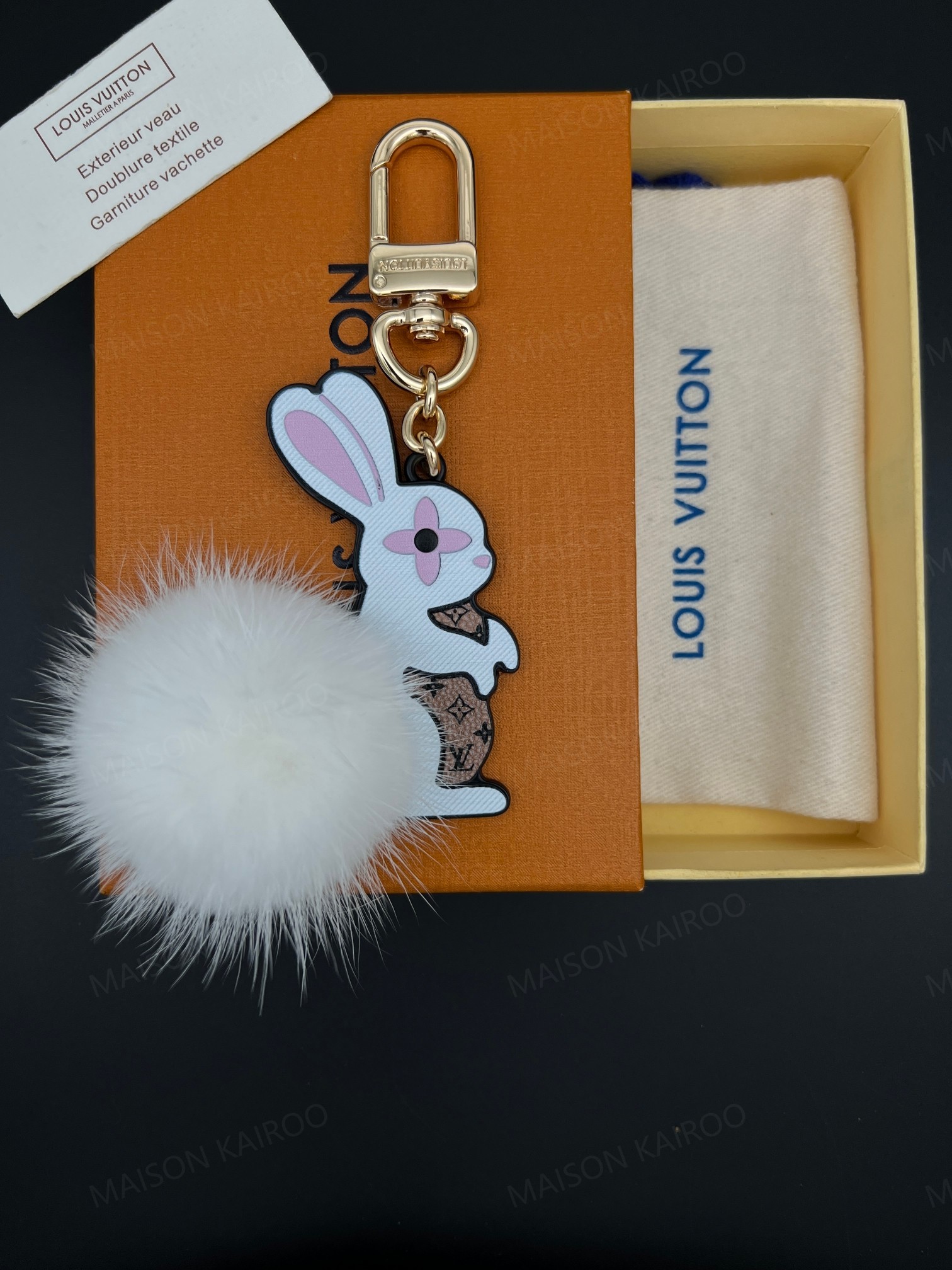 Louis Vuitton LV White Rabbit Fur Pom Pom Bag Charm Keychain - KAIROO