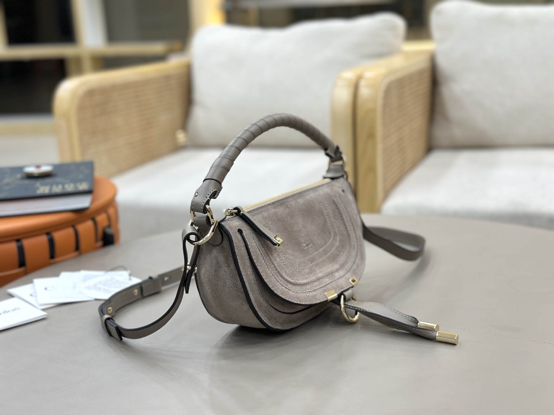 Chloe Mini Marcie Shoulder Bag in Suede Calfskin-Grey