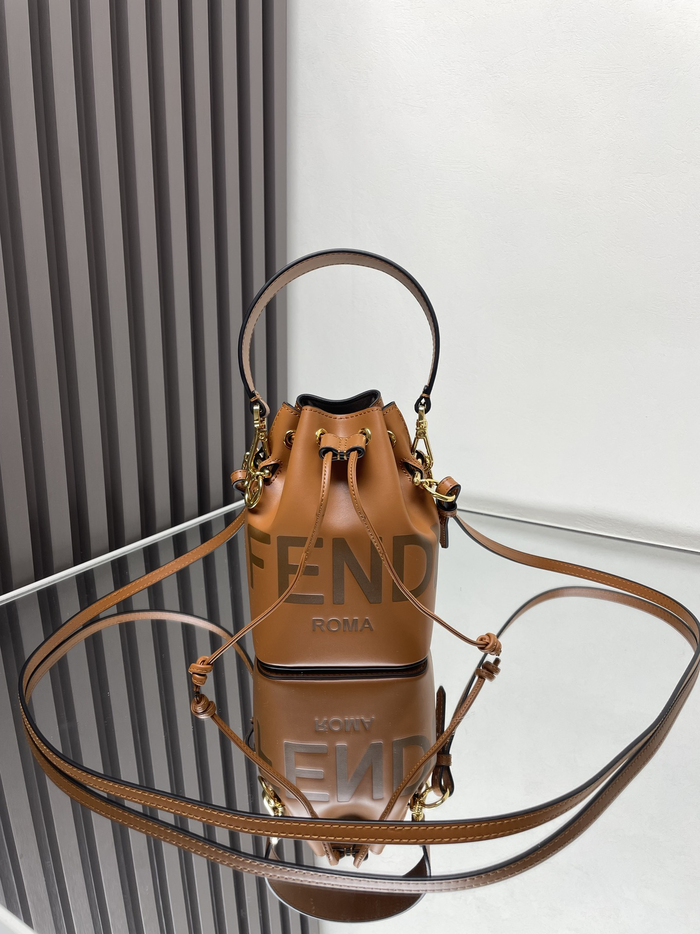 Fendi Tan Leather FENDI ROMA Logo Mini Drawstring Bucket Bag - KAIROO