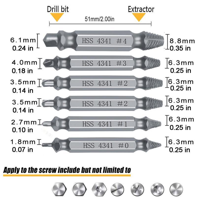 6-Piece Damaged Screw Extractor Set - Double-Head Stripped Screw Remover for Broken Bolts - High-Speed Steel (HSS) Easy Out Tool Kit for Power Drills