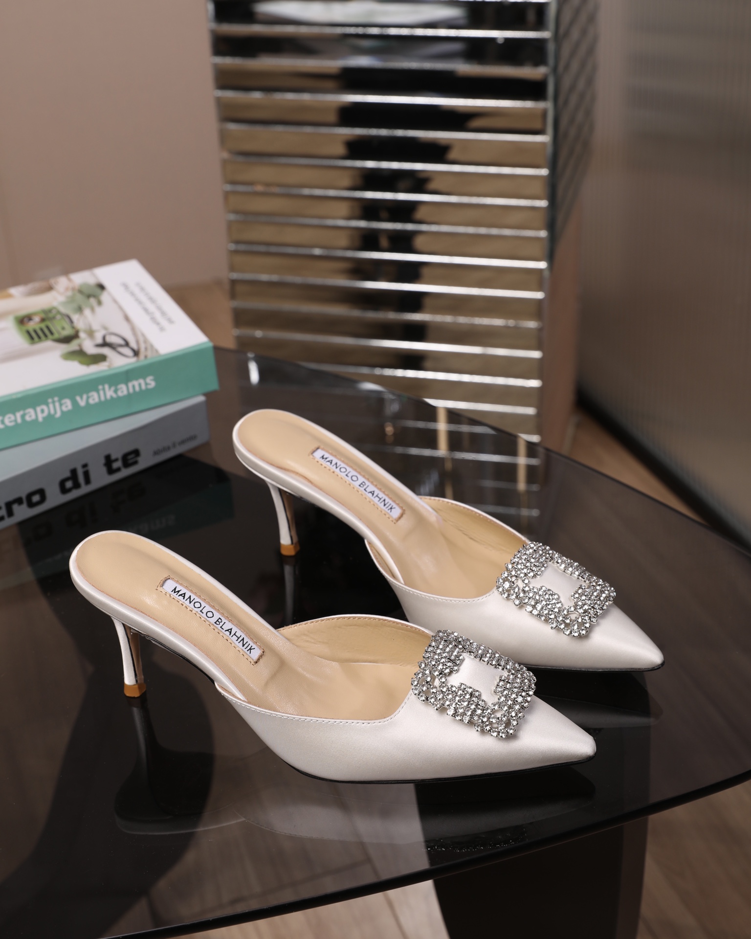Manolo Blahnik Swarovski Crystal Satin Heeled Slide