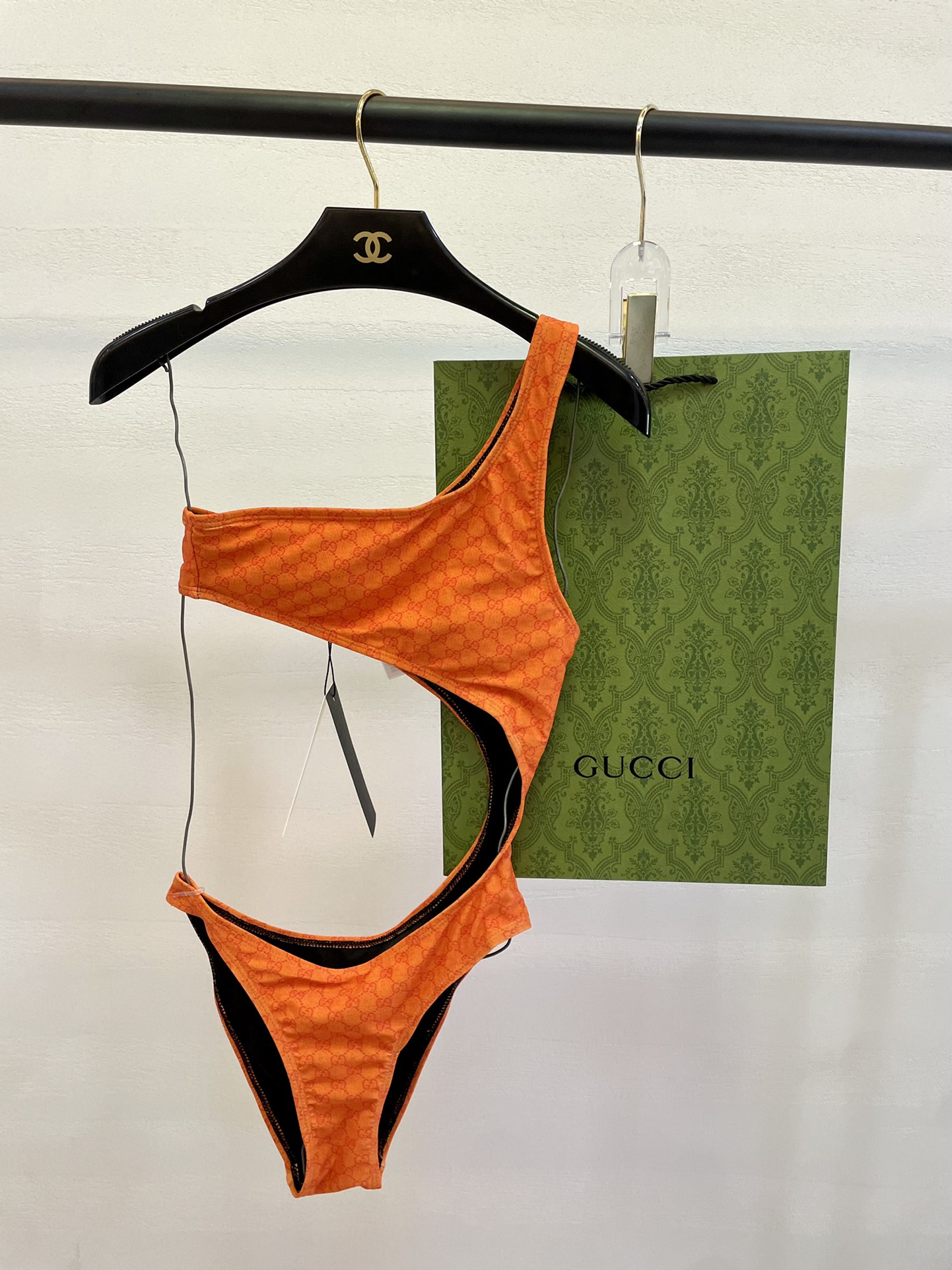 Gucci Monogram GG Print Orange One-Shoulder Cutout One-Piece Swimsuit - KAIROO