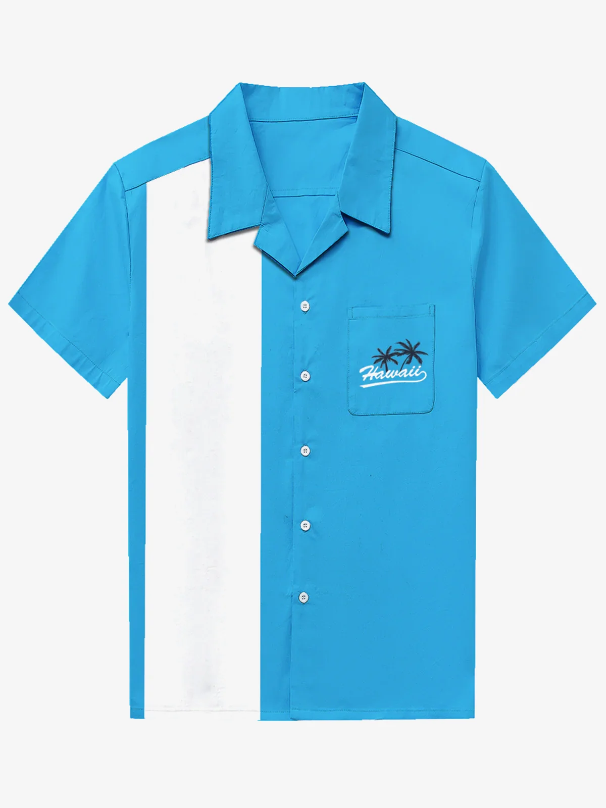 Men's Blue 50s Vintage Camp Cotton Pocket Bowling Hawaiian Coconut Tree Short Sleeve Shirt
