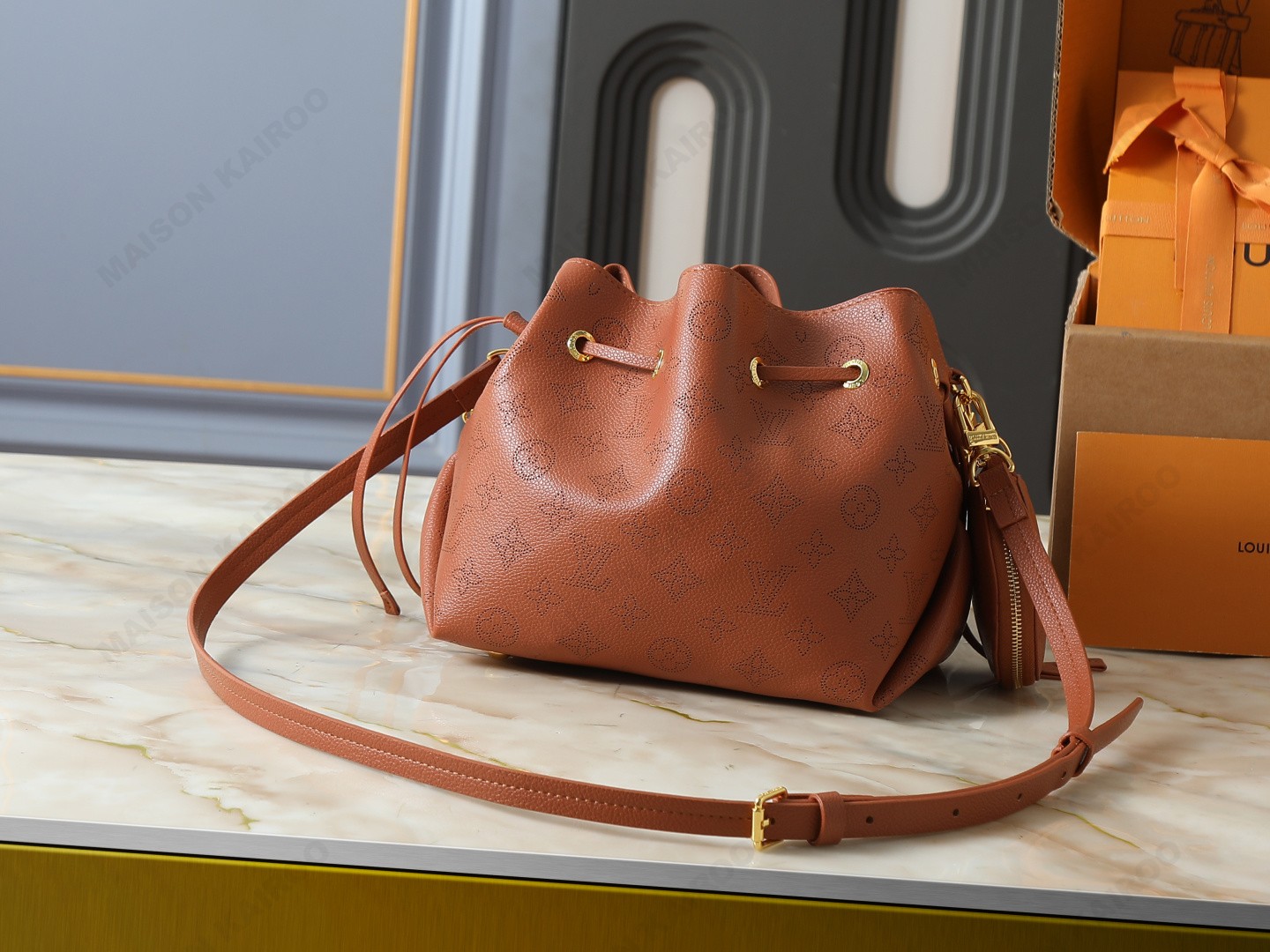 Louis Vuitton LV Mahina Bella Cognac Perforated Monogram Leather Drawstring Bucket Shoulder Bag - KAIROO