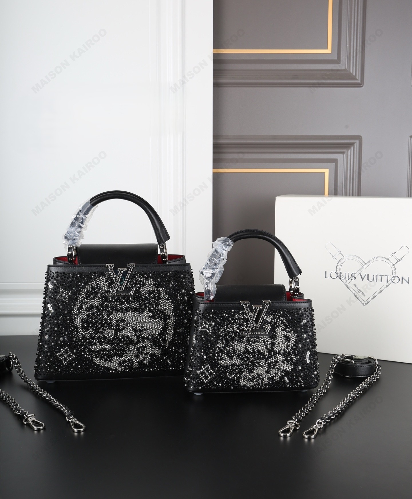 Louis Vuitton LV Capucines BB/Mini Black Gradient Planet Beaded Studs Smooth Leather Top Handle Bag - KAIROO