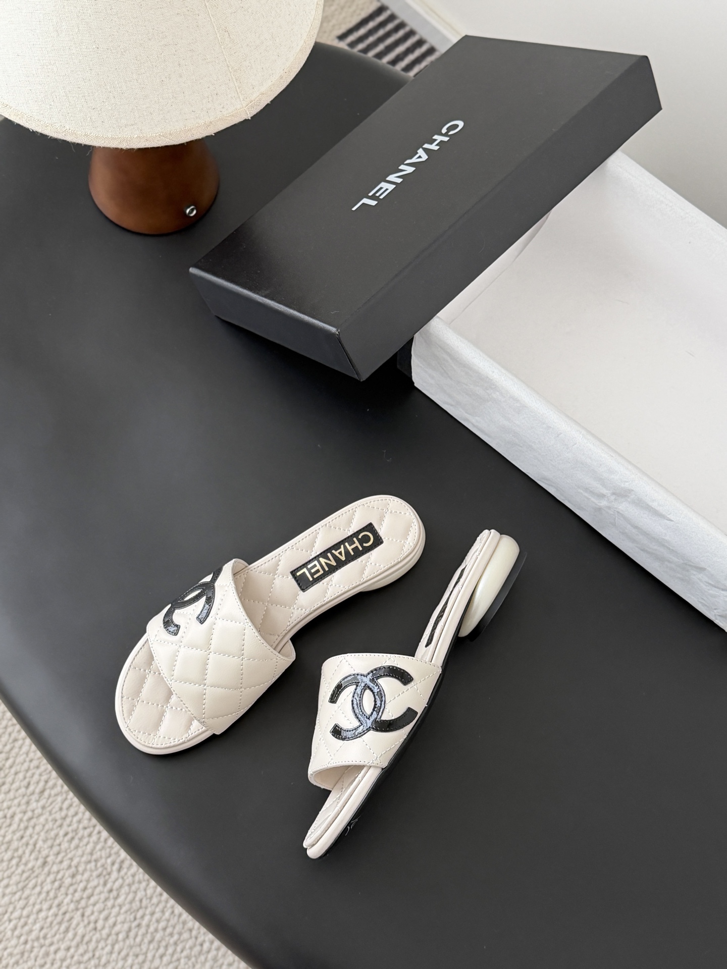 Chanel Quilted Lambskin CC Logo Pearl Flat / Heel Slide Sandals - KAIROO
