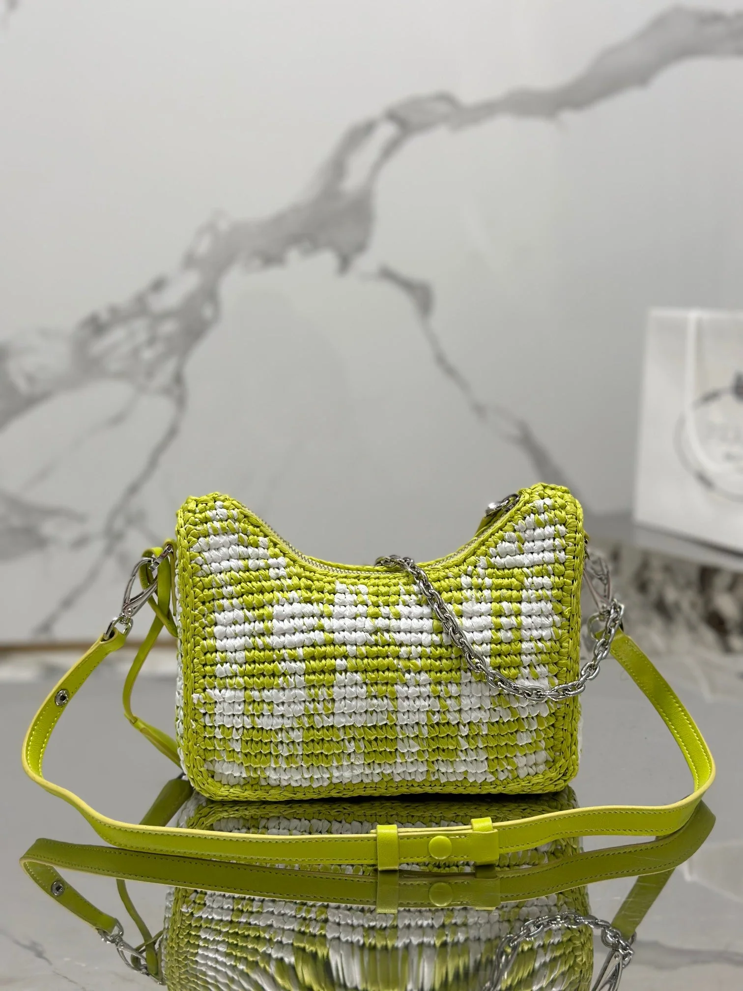 Prada CROCHET HOBO BAG 22 IN VOLT GREEN MIX WHITE RAFFIA SILVER HARDWARE