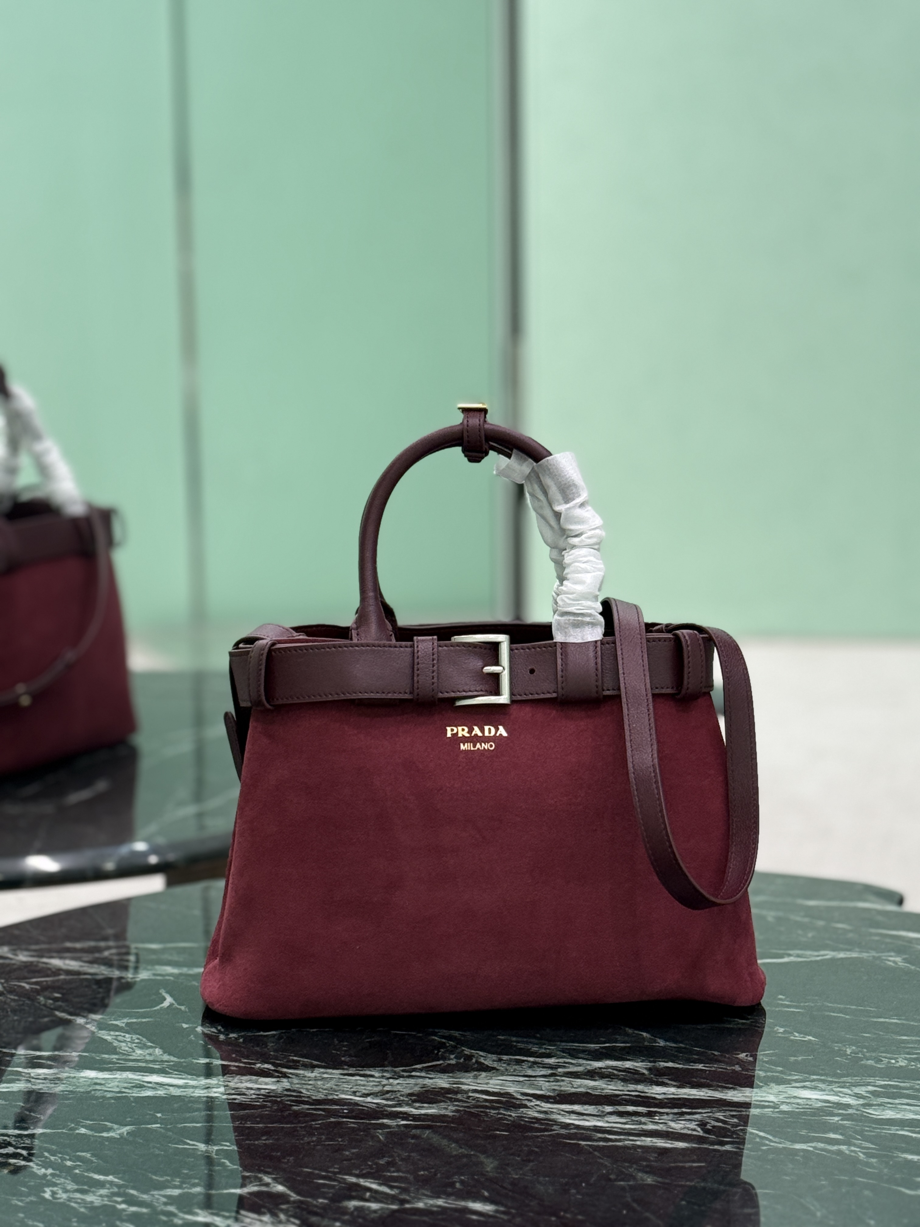 Prada Burgundy Buckle Small suede bag with belt