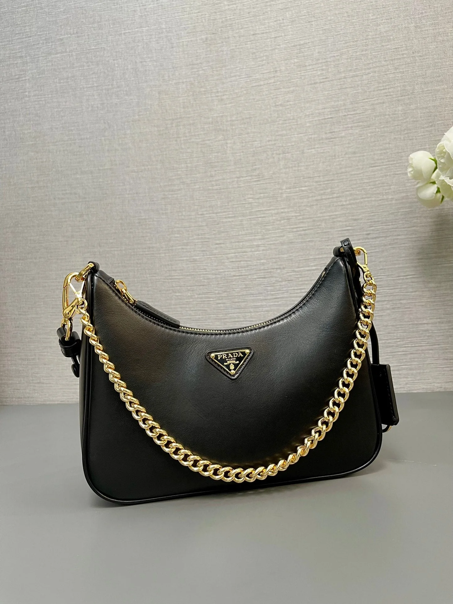 Prada HOBO BAG 23 IN BLACK SMOOTH NAPPA LAMBSKIN GOLD HARDWARE
