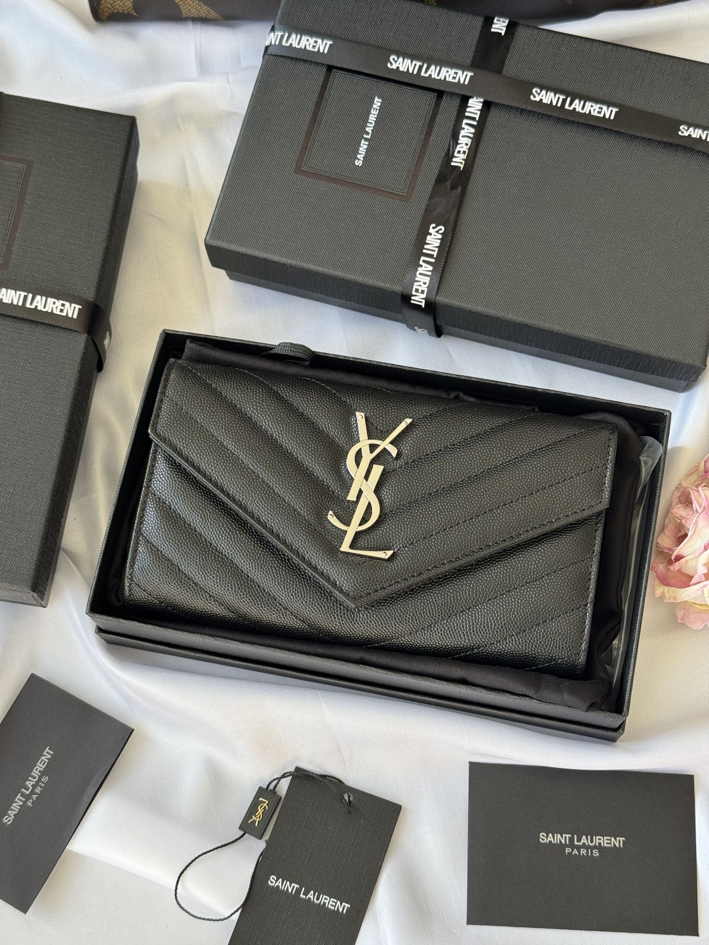 Saint Laurent Black Cassandre Large Wallet in Grained leather