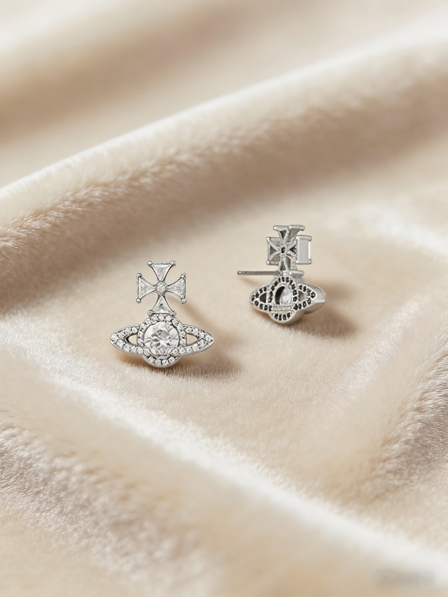 Chic Silver Crystal Saturn Studs, Glittering Zircon Planet Earrings, Daily Wear Jewelry