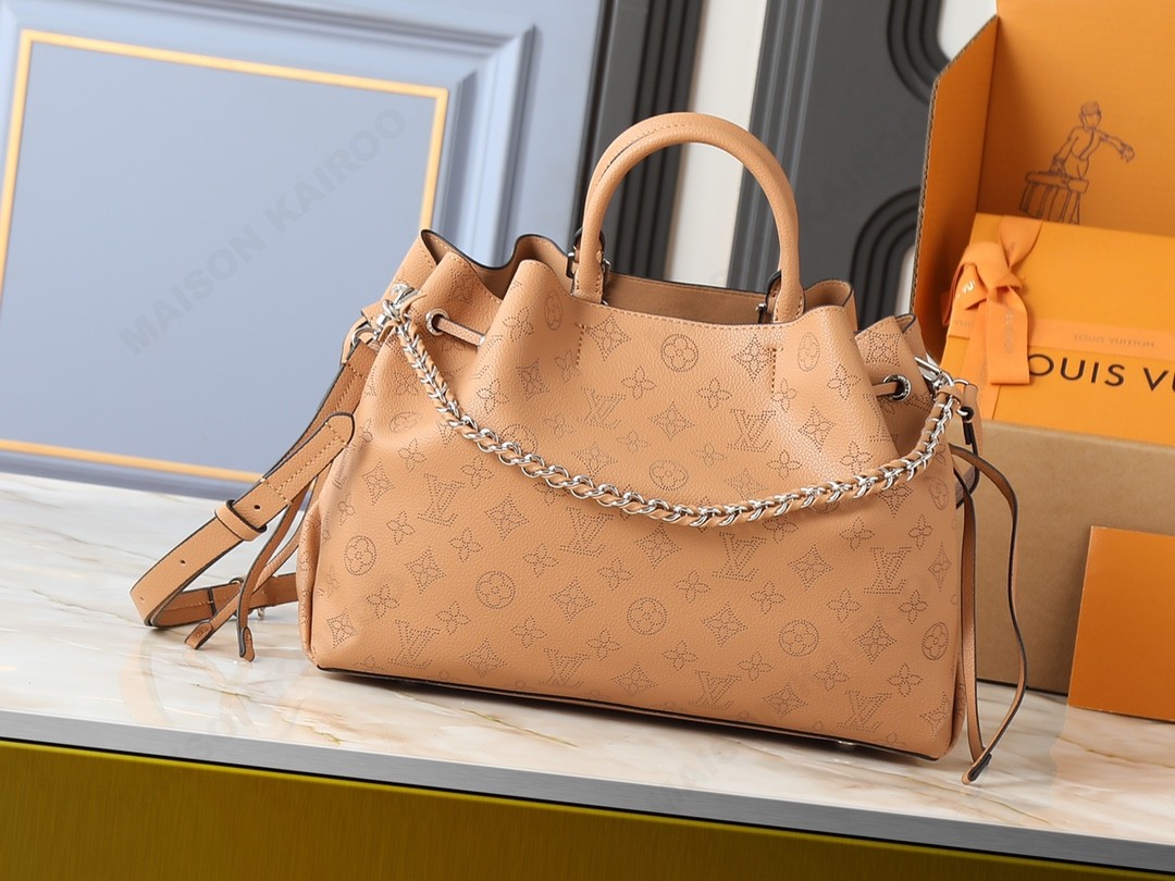 Louis Vuitton LV Mahina Bella Tote Camel Perforated Monogram Leather Drawstring Bucket Top Handle Bag - KAIROO