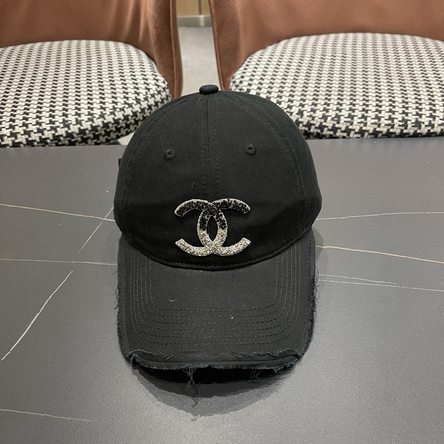 Chanel Cotton Distressed Baseball Cap Hat With Gradient Crystal Embellished CC Logo - KAIROO