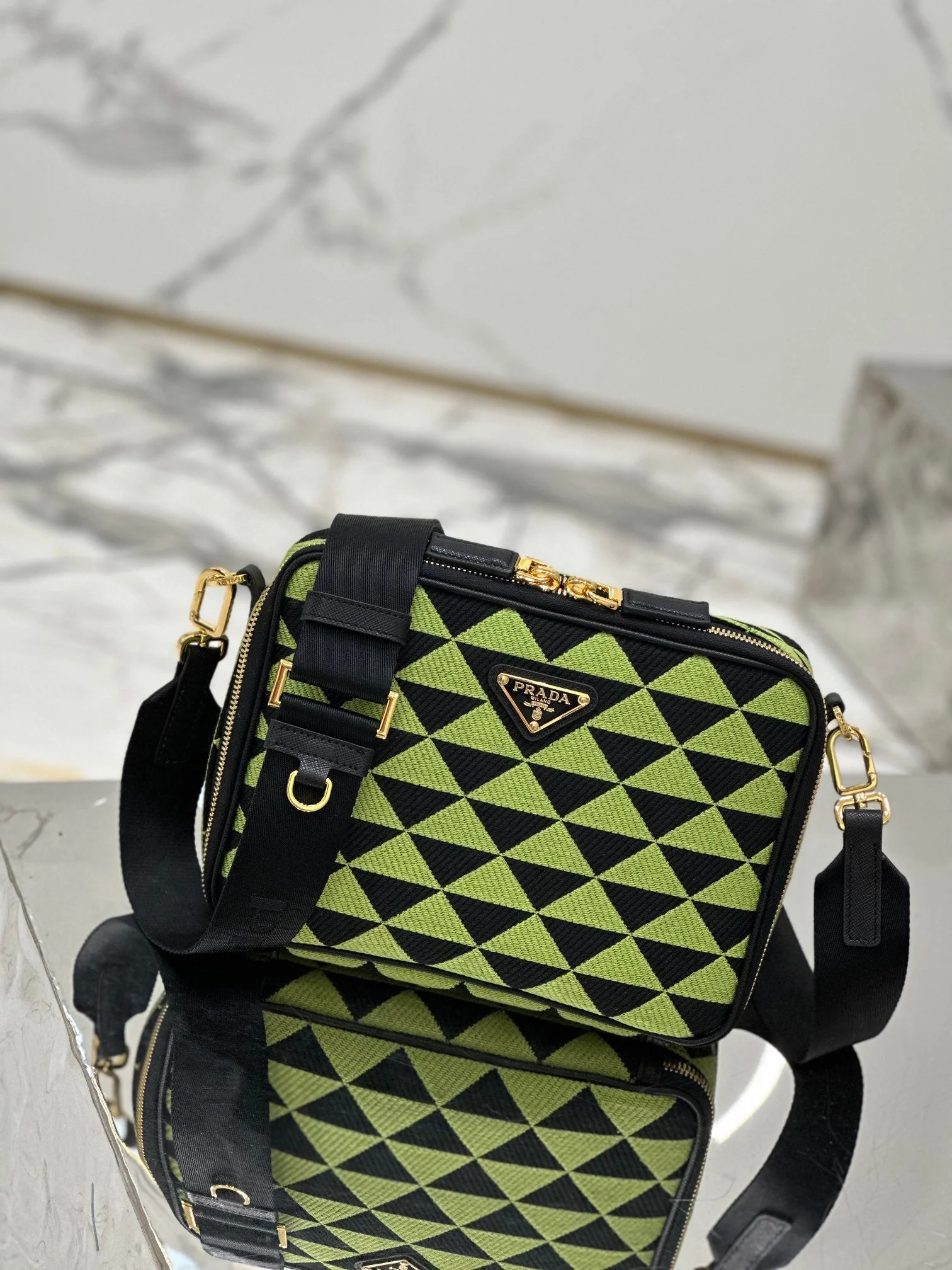 Prada MESSENGER BAG 22 IN OCADO GREEN AND BLACK EMBROIDERED FABRIC GOLD HARDWARE