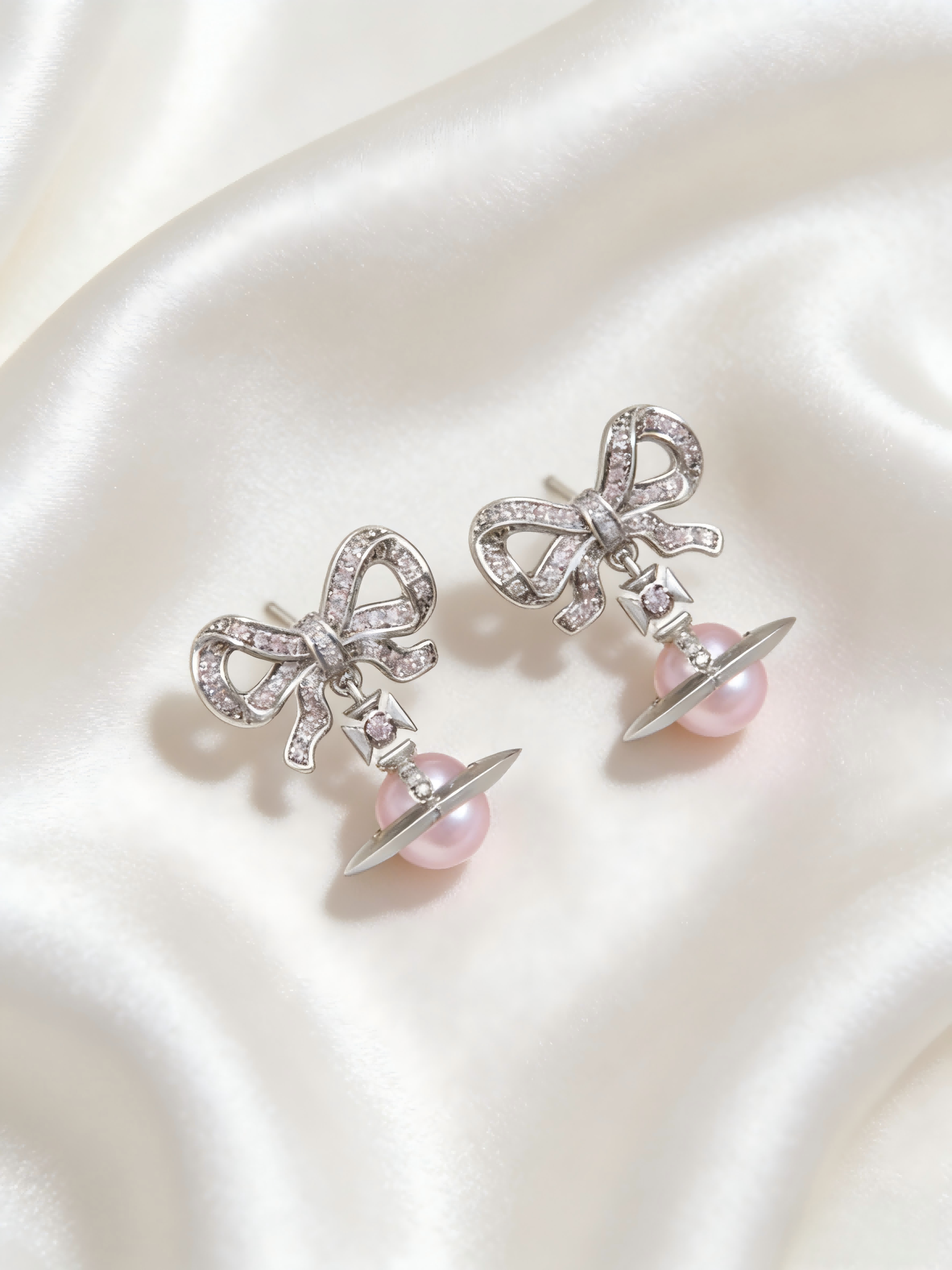 Elegant Pink Crystal Saturn Bow Earrings, Hypoallergenic Silver Earrings for Bridesmaids