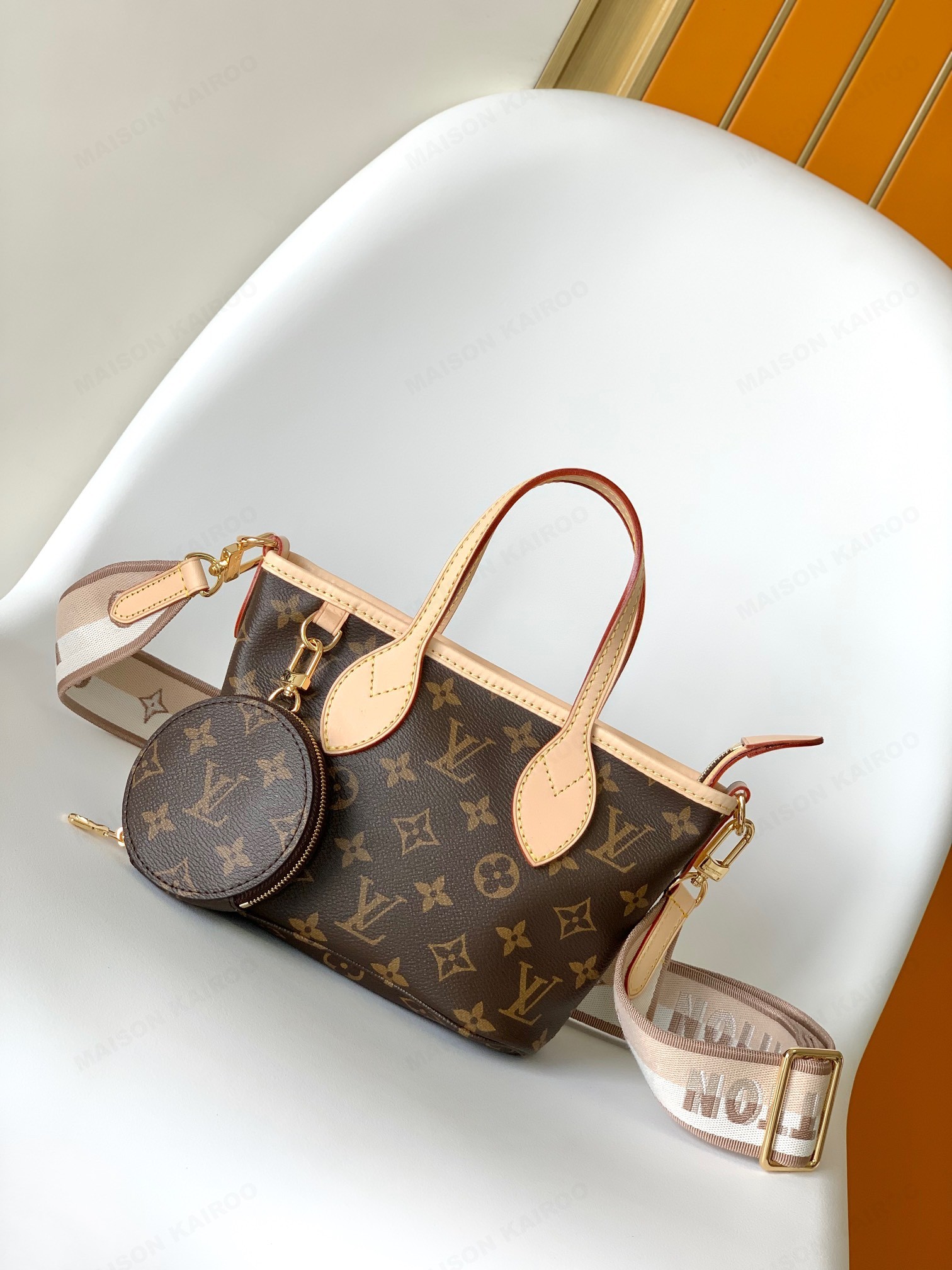 【10A】Louis Vuitton LV Neverfull BB Monogram Canvas Beige Lining Woven Strap Shoulder Tote Bag With Round Purse - KAIROO