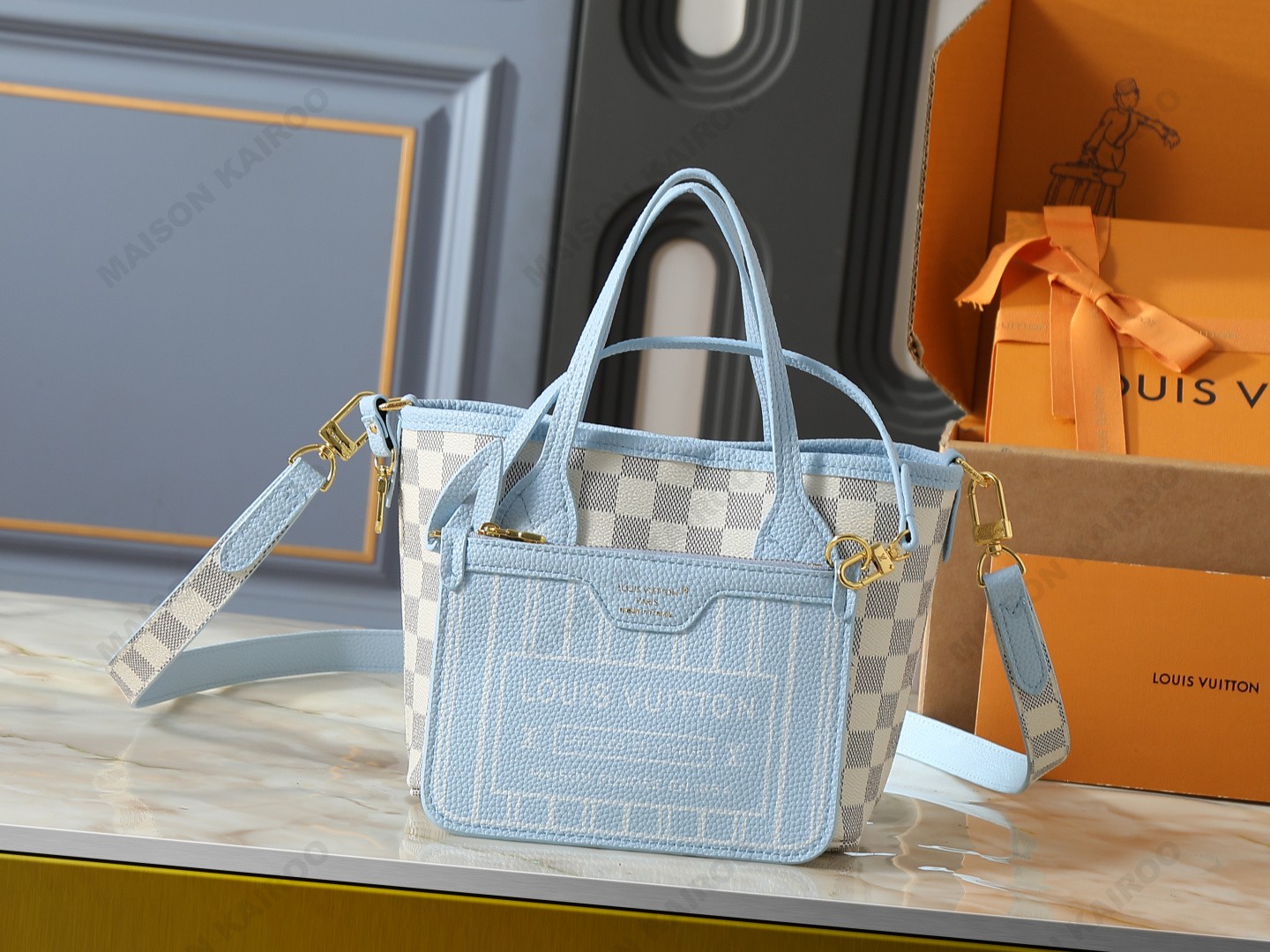 Louis Vuitton LV Neverfull Inside Out BB&MM Light Blue Damier Check Canvas Reversible Tote Bag With Pouch - KAIROO