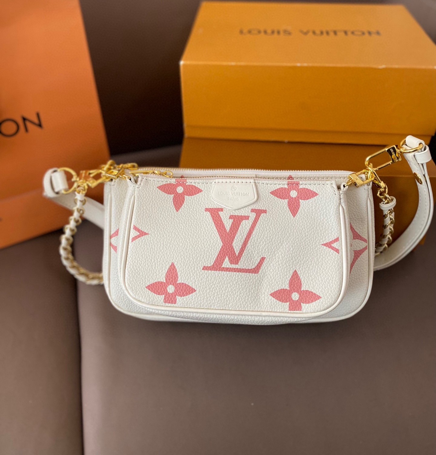 Louis Vuitton LV Multi Pochette Accessoires Beige Pink Monogram Empreinte Leather Chain Hobo Shoulder Bag - KAIROO