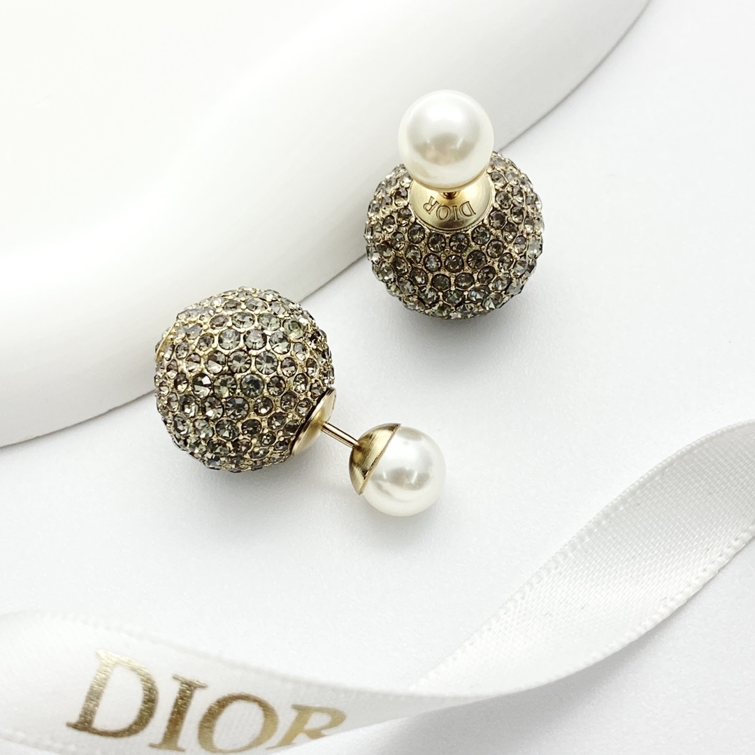 Dior Gray & Gold Rhinestone Pearl Dual Sphere Studs
