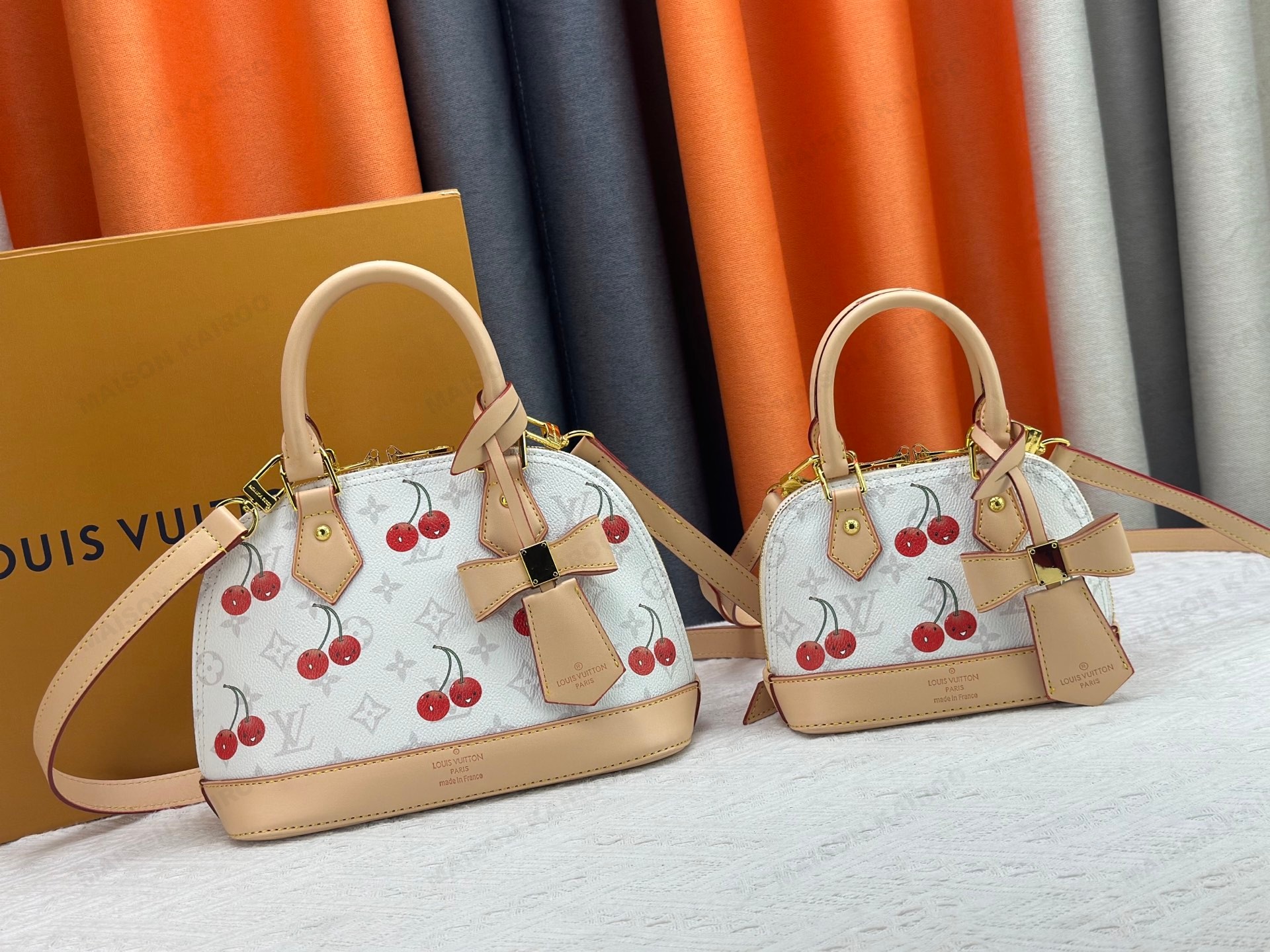 Louis Vuitton LV Alma Nano & BB White Monogram Canvas Cherry Print Vachetta Top Handle Crossbody Bag - KAIROO