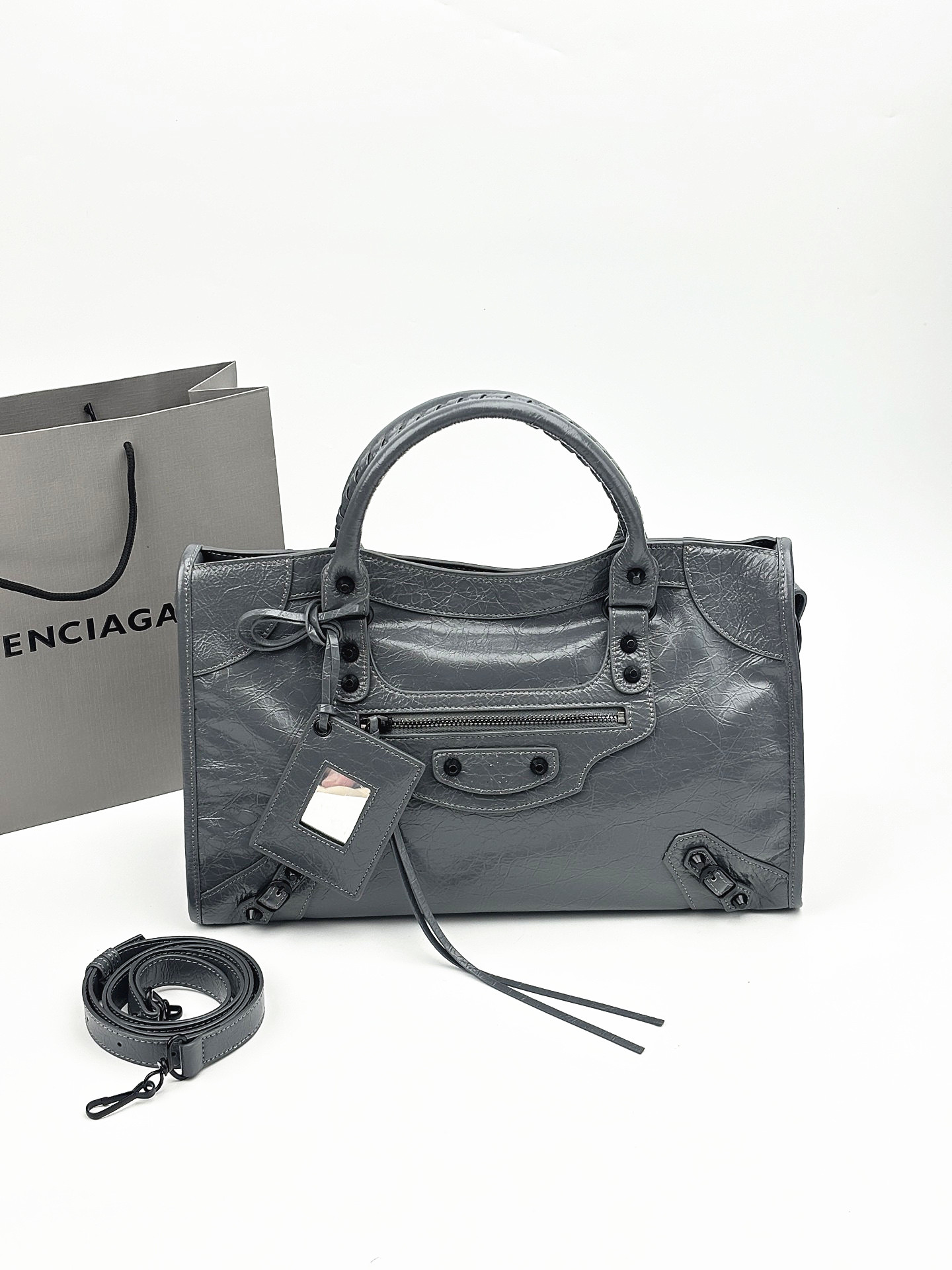 Balenciaga Le City Charcoal Grey Soft Crinkled Leather Studded Mirror Charm Braided Handle Crossbody Bag - KAIROO