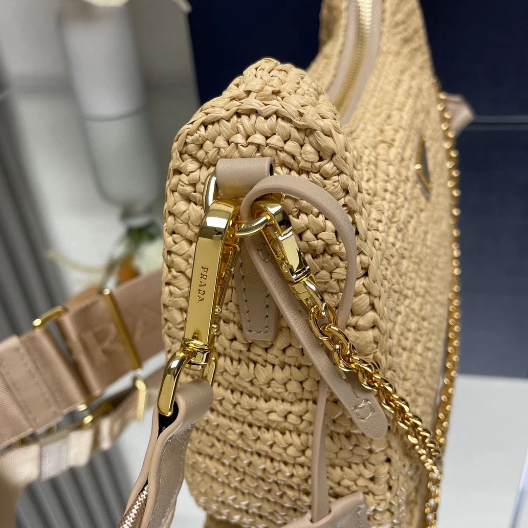 Prada  WOVEN HOBO BAG 23 IN BEIGE RAFFIA GOLD HARDWARE TRIANGLE LOGO
