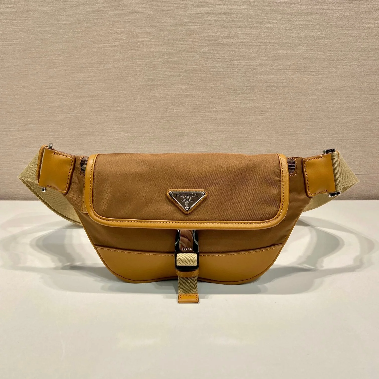 Prada BAG 18 IN SEPIA BROWN RE-NYLON AND CALFSKIN TRIM
