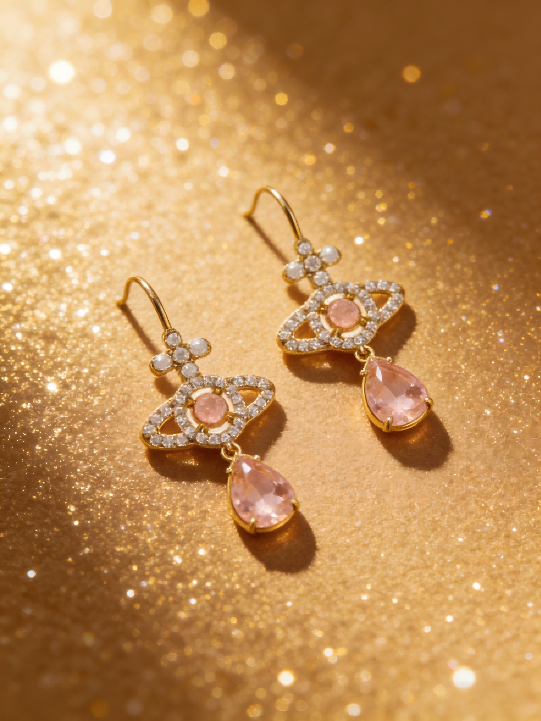 Chic Pink Teardrop Saturn Earrings, Glittering Zircon Planet Dangles, Party Jewelry