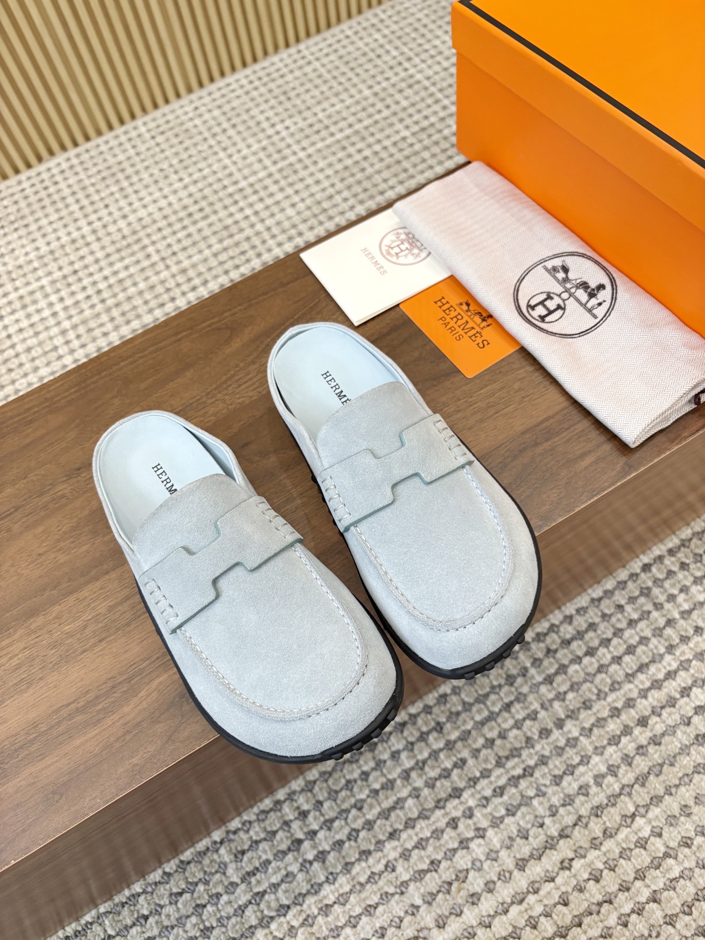 Hermès Light Blue H Cut-Out Suede Leather Go Loafer Mules - KAIROO