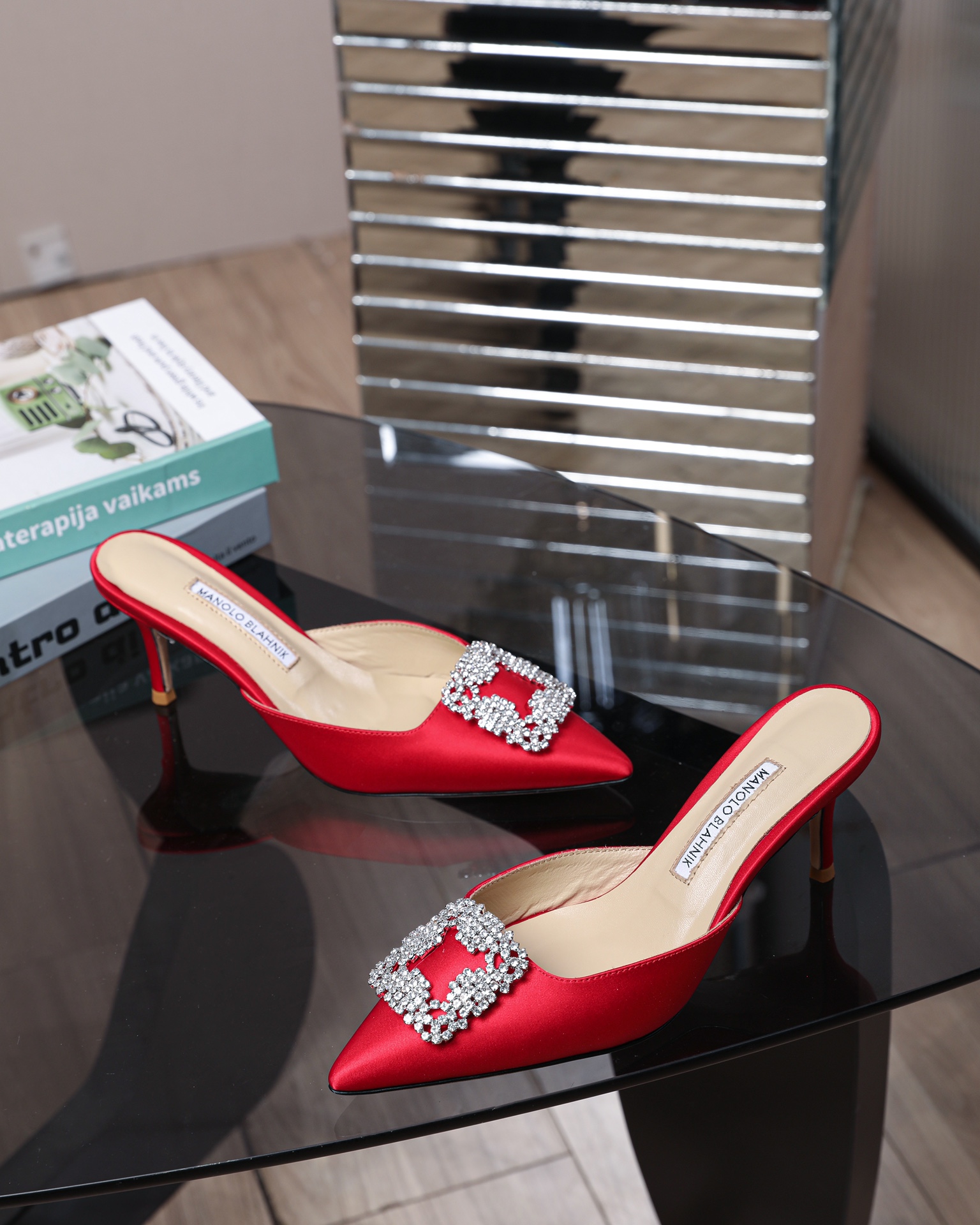 Manolo Blahnik Swarovski Crystal Satin Heeled Slide