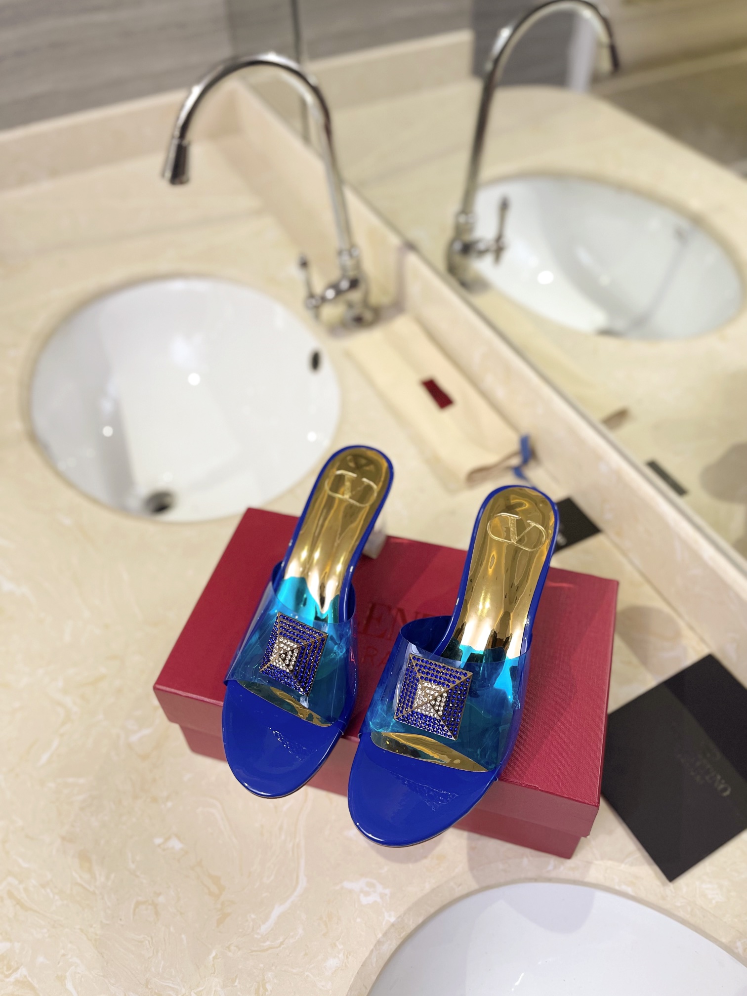 Valentino Rockstud Spike Blue Leather Insole Square Crystal Stud Clear PVC Strap Block Slip-on Mules Heels - KAIROO