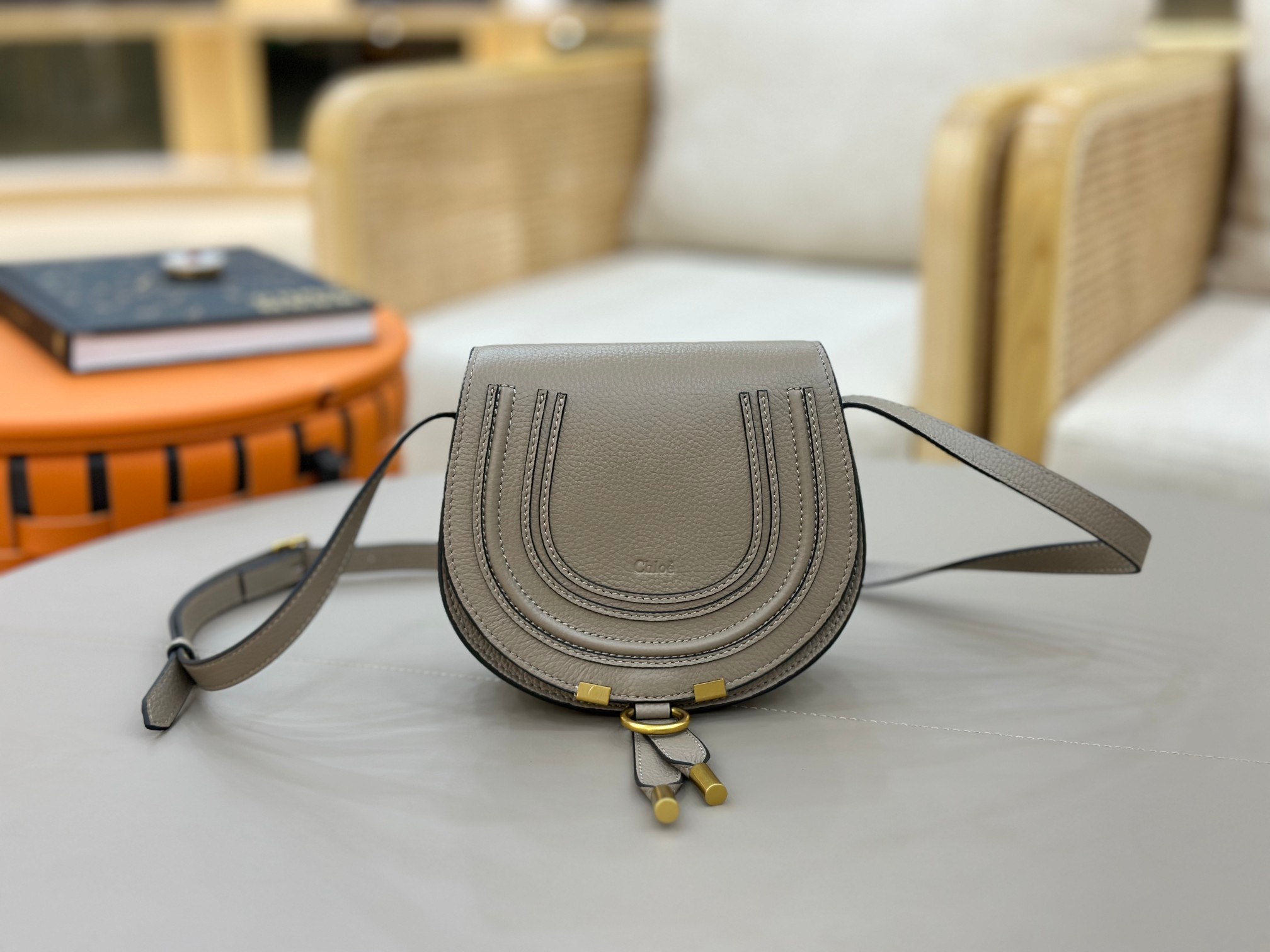 Chloe Small Marcie Saddle Bag in Grained Calfskin-Grey