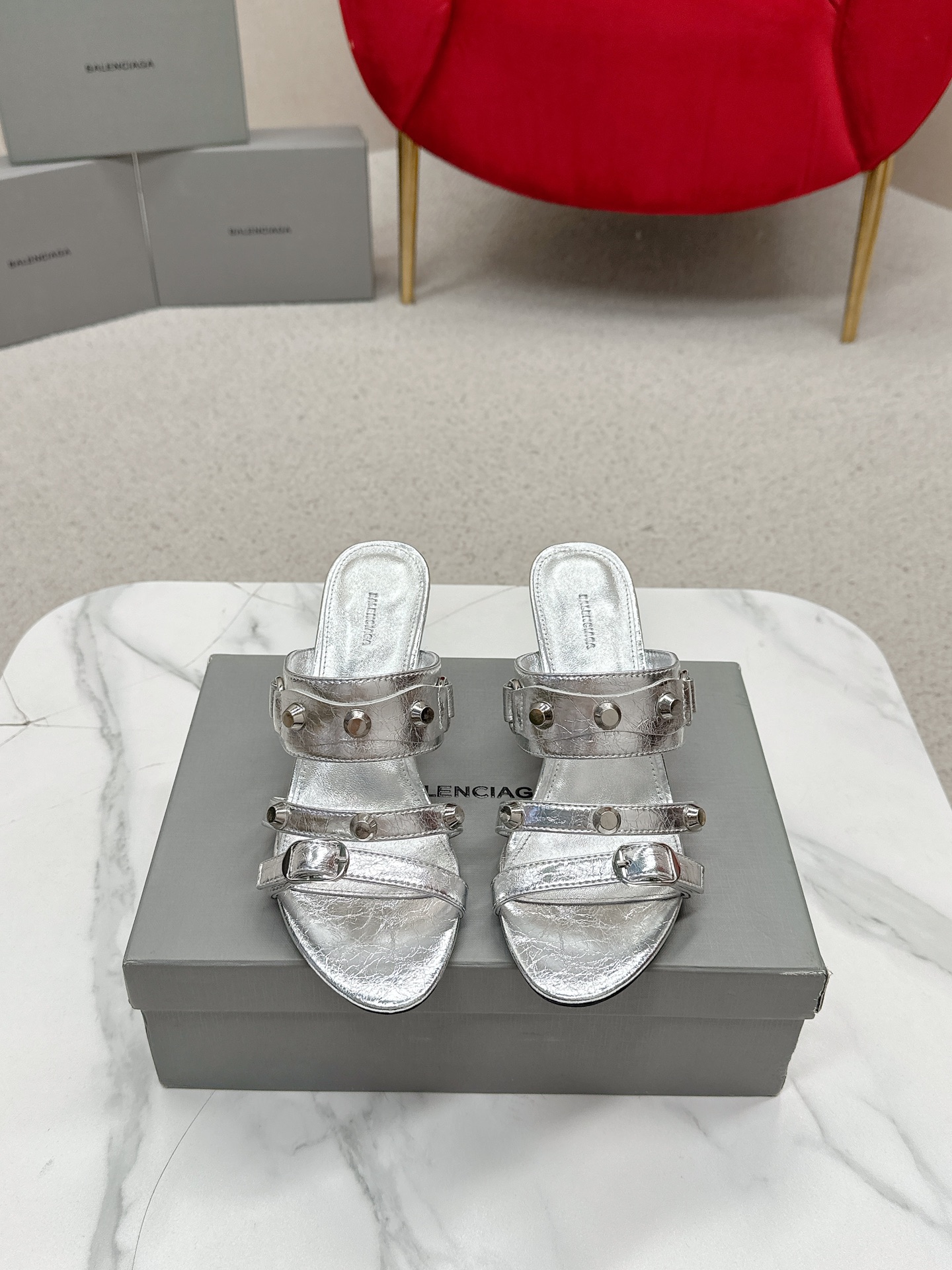 Balenciaga Cagole Silver Leather Studded Buckle Strap Pointed Toe Kitten Mules Heels /Top Version - KAIROO