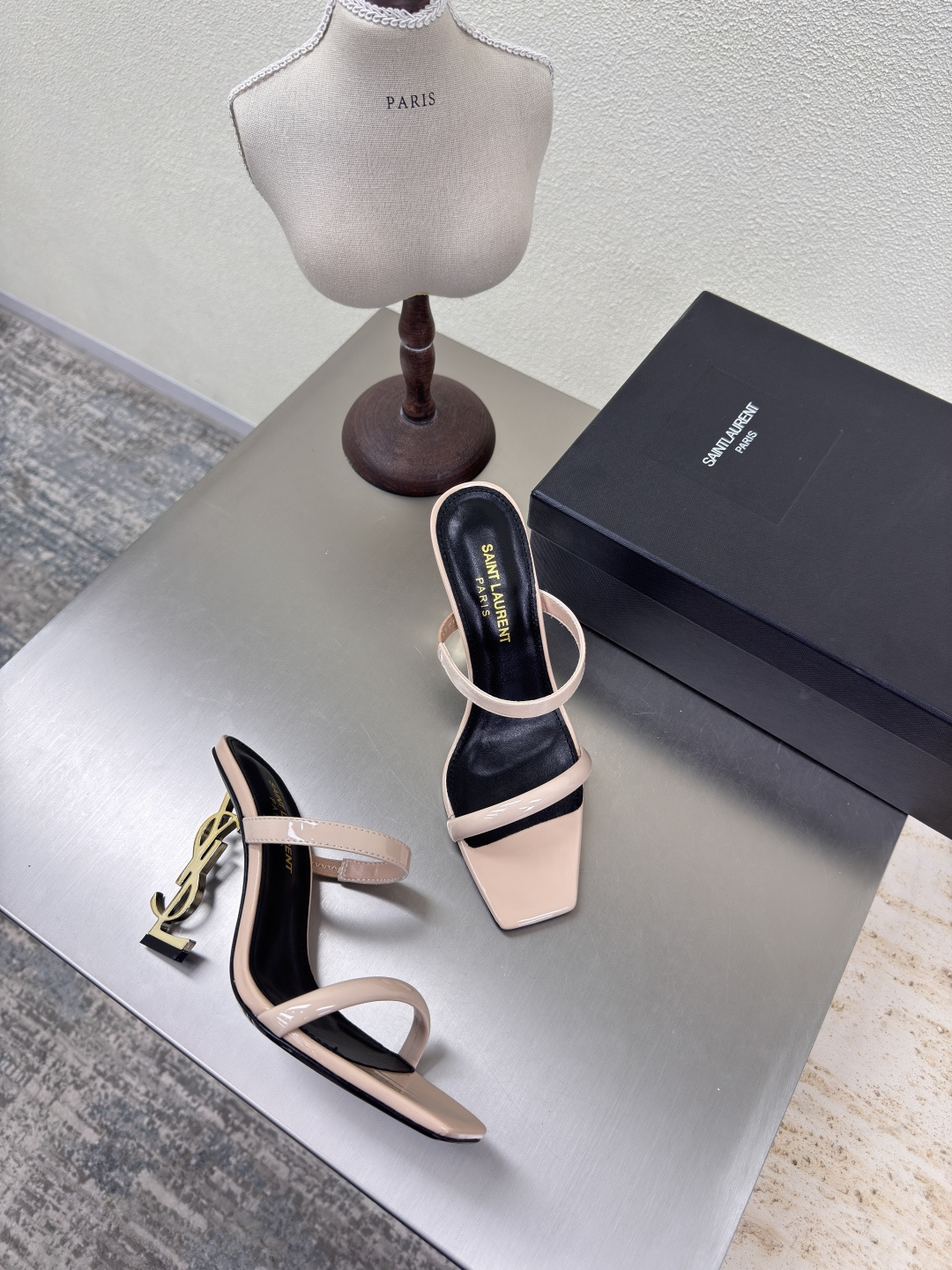 Saint Laurent Nude Patent Leather Square Toe Dual Strap YSL Logo Opyum Heel Backless Mules Sandals - KAIROO