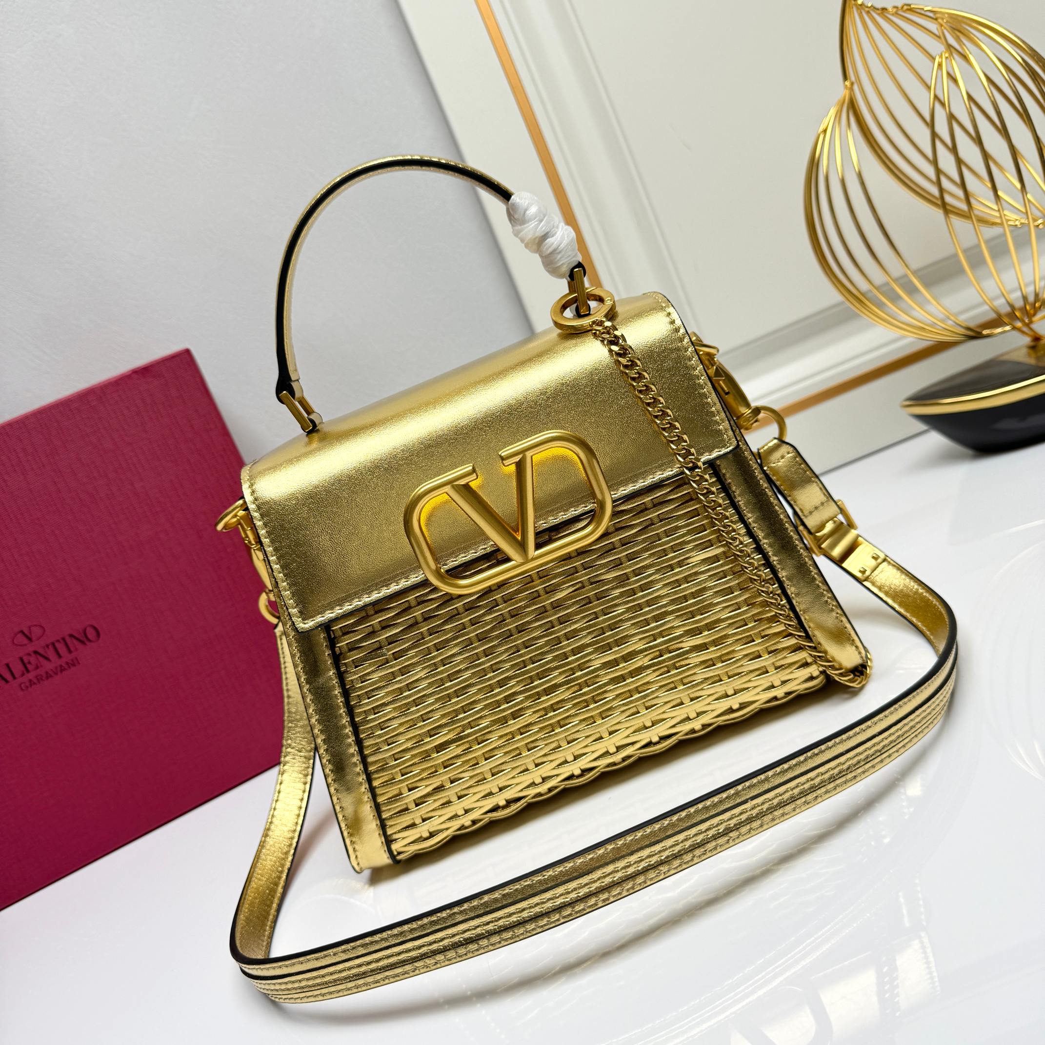 Valentino VLogo Signature Metallic Gold Woven Leather Top Handle Shoulder Crossbody Bag - KAIROO