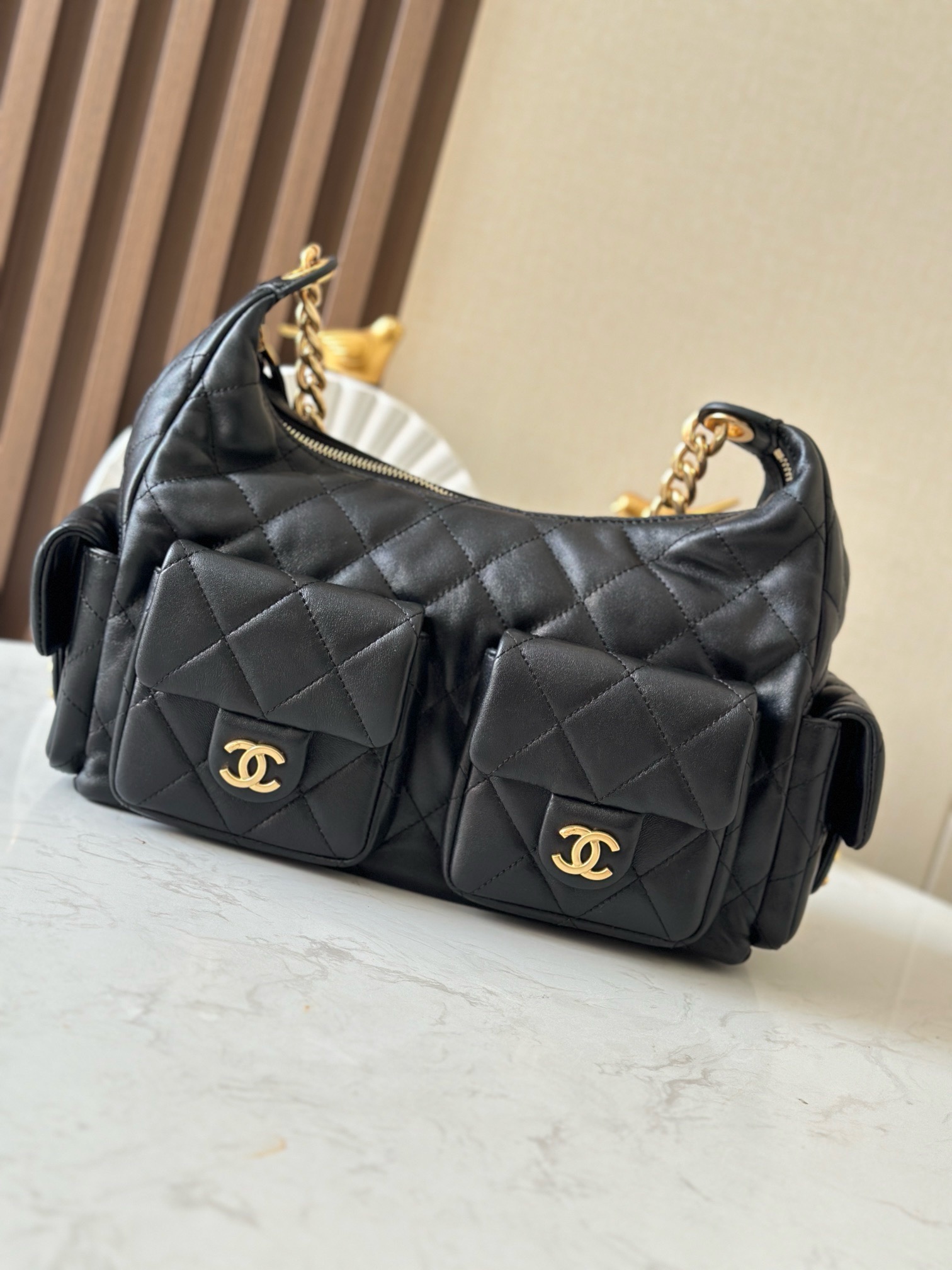 Chanel 25C Black Polished Lambskin Shoulder Bag