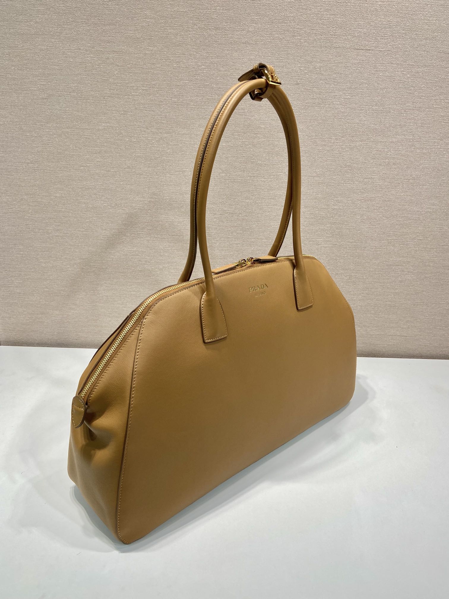 Prada LARGER TOTE BAG 48 WITH ZIPPER CLOSURE IN CIDER BROWN SMOOTH CALFSKIN