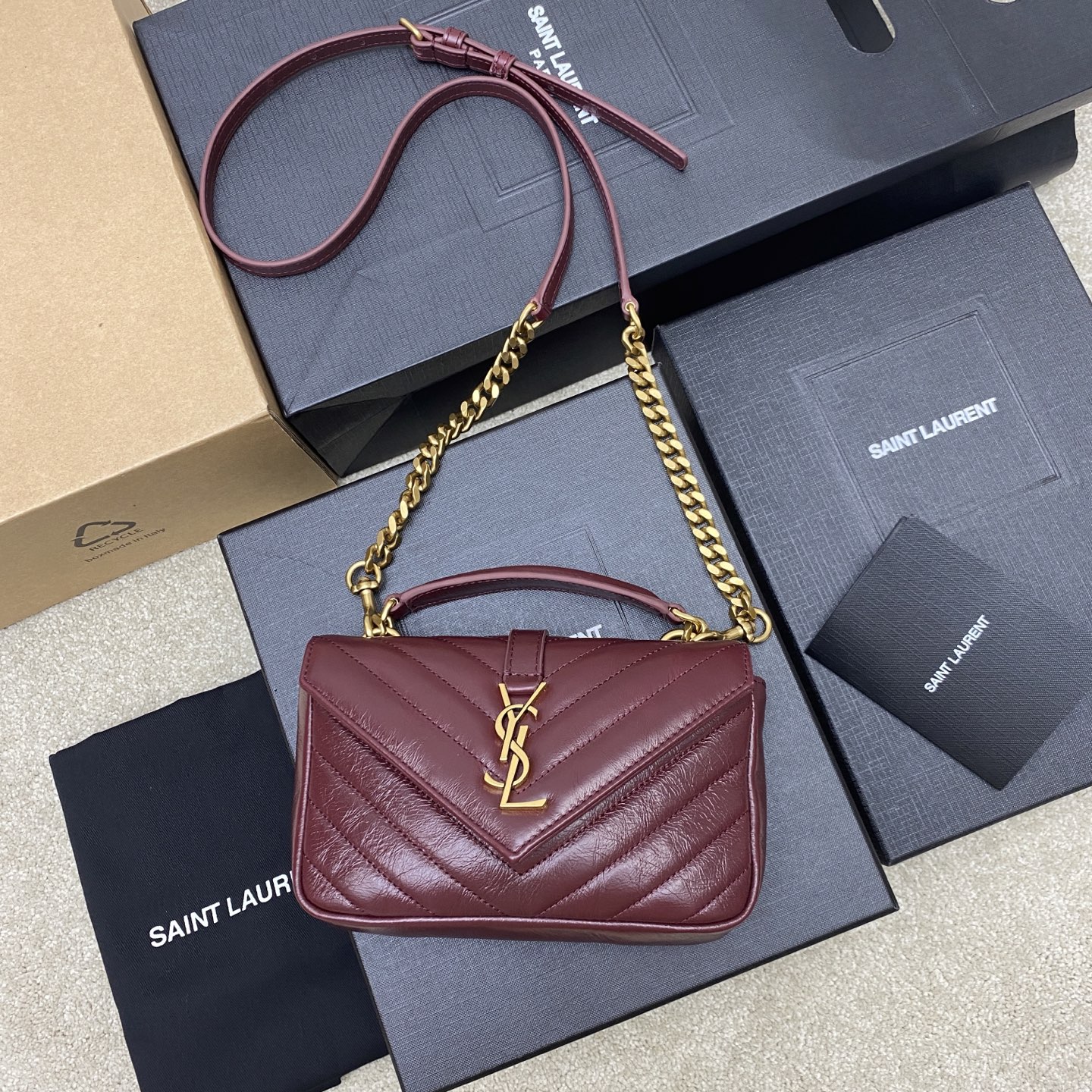 Saint Laurent Rouge Cabernet College Mini Bag in Quilted Shiny Calfskin