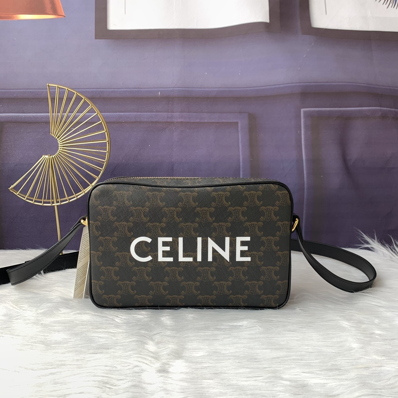 Celine Triomphe Canvas White Logo Print Zip Messenger Camera Crossbody Bag - KAIROO