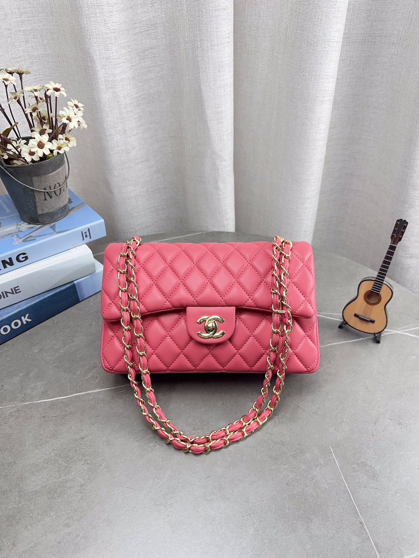 Chanel 3-Piece Gift Set：CF 25CM Smooth Hot Pink Double Flap Bag & Mini Wallet & Sunglasses - KAIROO