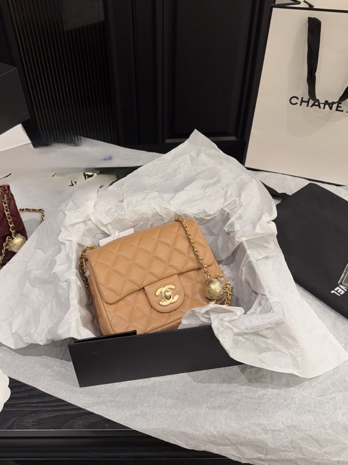 Chanel Mini Square CF 17CM Gold Ball Pearl Crush Quilted Leather Flap Chain Shoulder Bag - KAIROO