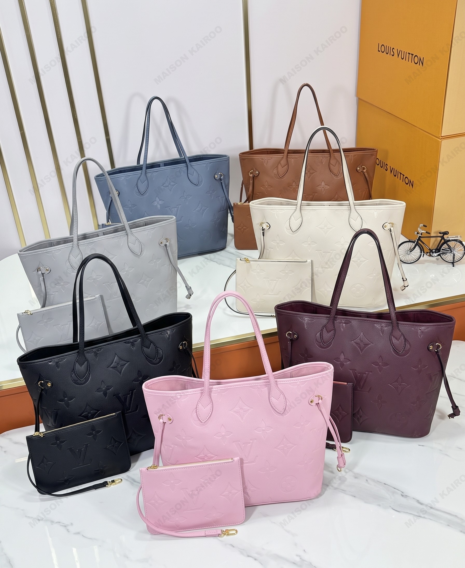 Louis Vuitton LV Neverfull MM Tone Oversize Embossed Monogram Leather Tote Top Handle Bag With Pouch - KAIROO